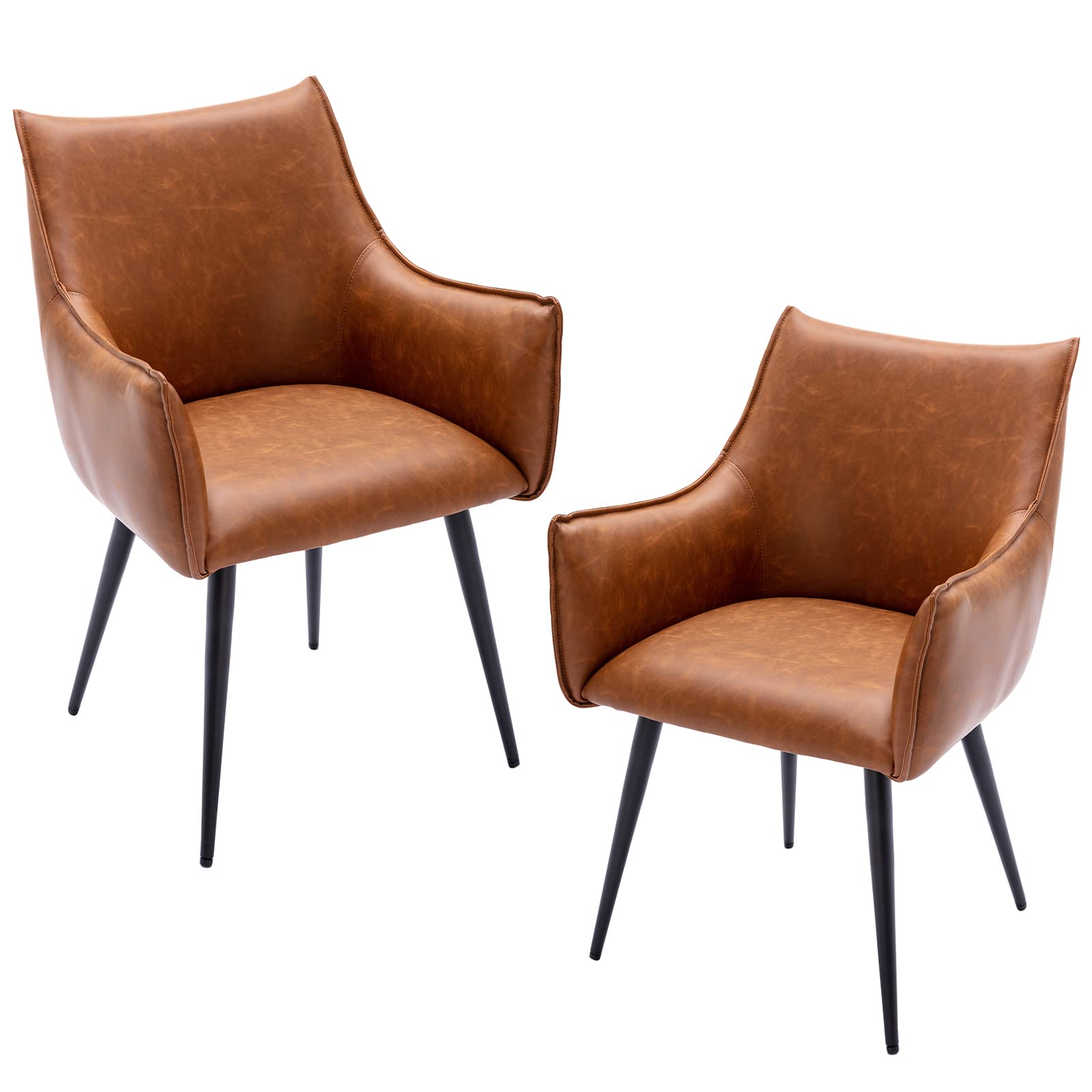 Guyou Set of 2 Brown PU Leather Dining Chairs - Modern Armchairs with Metal Legs, Comfortable Accent Chairs for Kitchen, Dining Room, Bedroom or Office | Perfect for Small Spaces, Breakfast Nooks and Cozy Corners (Brown)