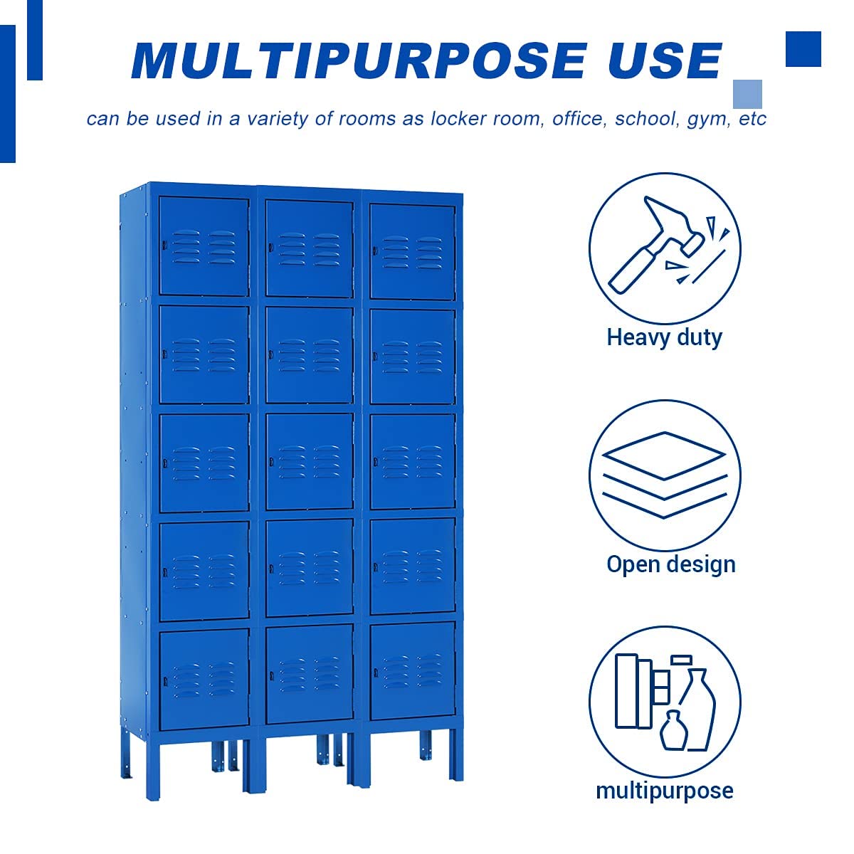 5-Tier Metal Locker Cabinet with 5 Doors - Heavy Duty Steel Storage for School, Gym, Home & Office Organization - Blue (Ideal for Sports Equipment, Books & Personal Belongings Storage)