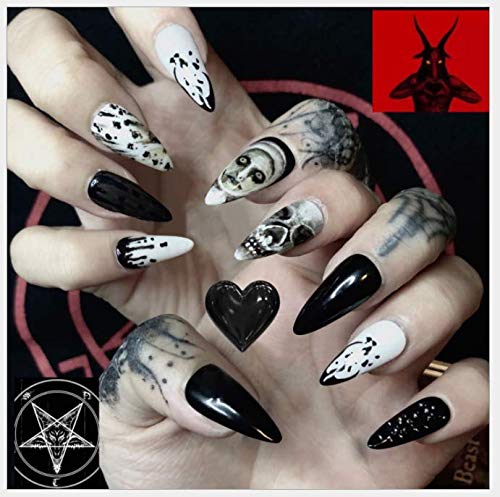 Gangel Skull Glossy Press-On Nails - Black & White Acrylic Fake Nails with Sharp Design, Full Cover Long False Nails for Women & Girls (24Pcs) - Perfect for Halloween Parties, Cosplay & Gothic Fashion