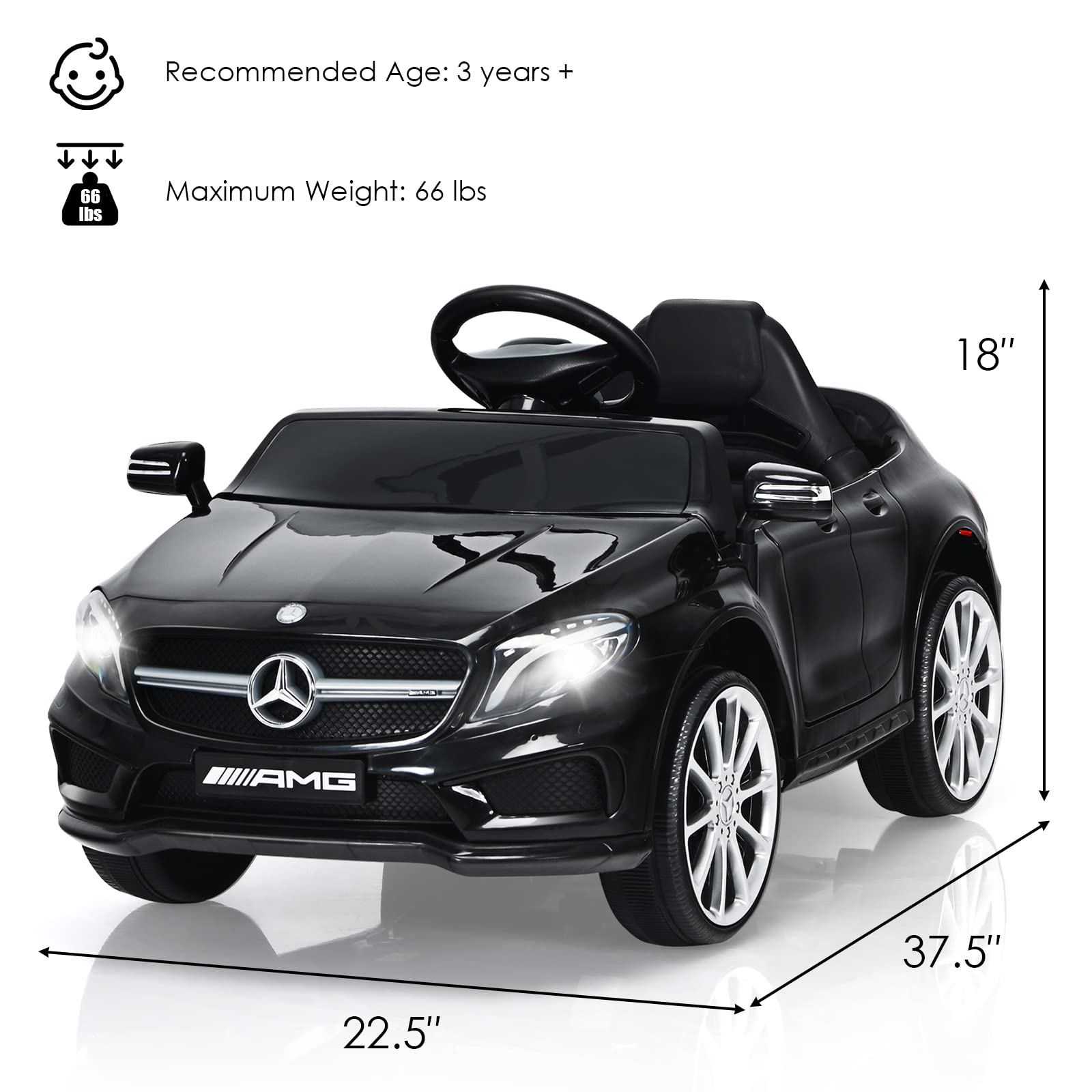 OLAKIDS 12V Licensed Mercedes Benz GLA45 Electric Ride On Car for Kids - Remote Control Battery Powered Toy with Music, USB, MP3, 2 Speeds, Wheels Suspension & LED Lights - Perfect for Indoor & Outdoor Play (Black)
