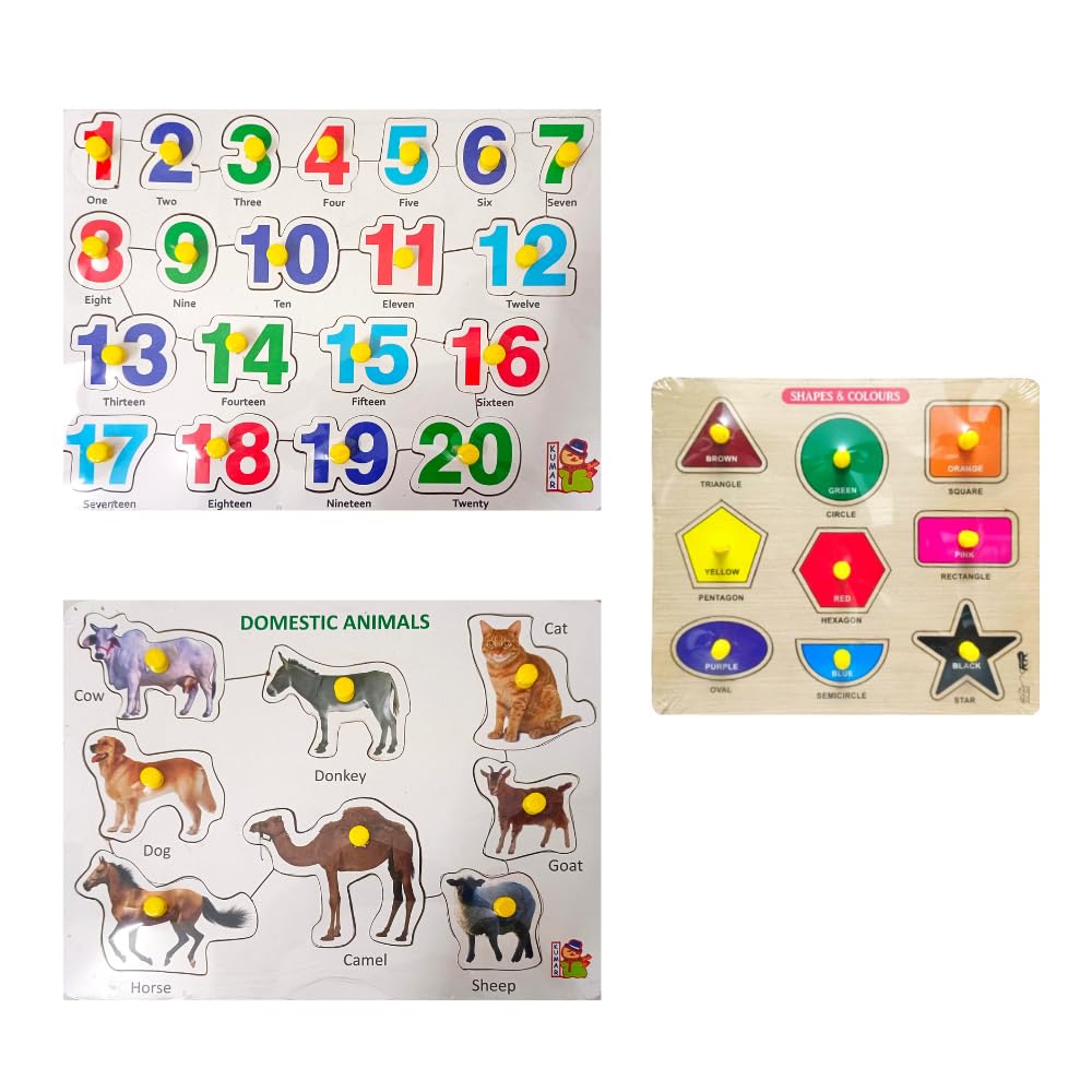 5-Piece Wooden Learning Puzzle Set for Kids & Adults - Number 1-20, ABCs, Shapes, Vegetables, Animals - Educational Montessori Toys for Toddlers 3+ Years - Perfect for Homeschooling & Early Childhood Development