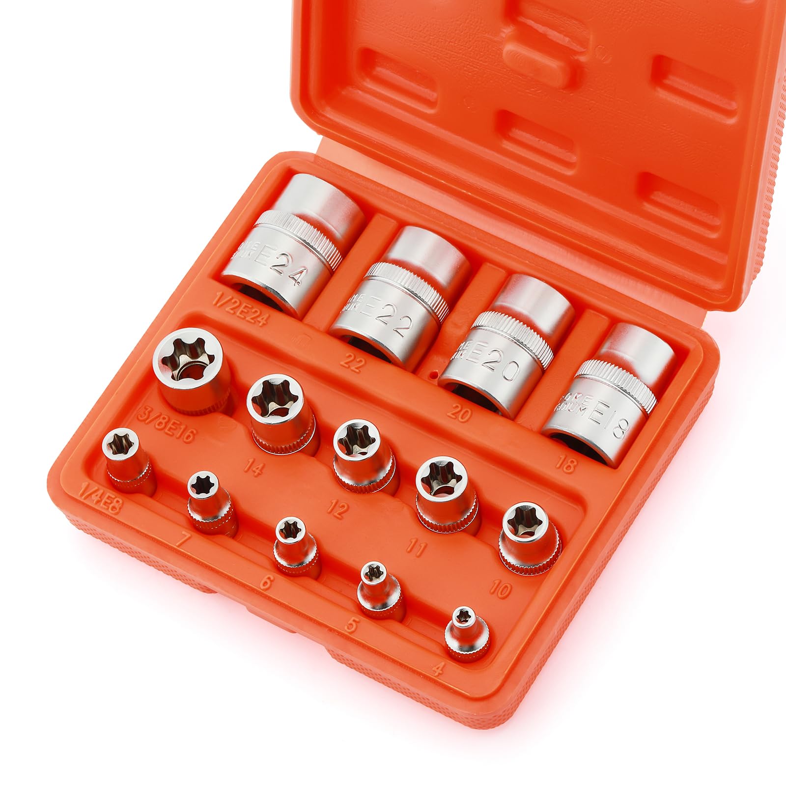 CASOMAN 14-Piece Female E-TORX Star Socket Set - E4 to E24 Torque Sockets with 1/4