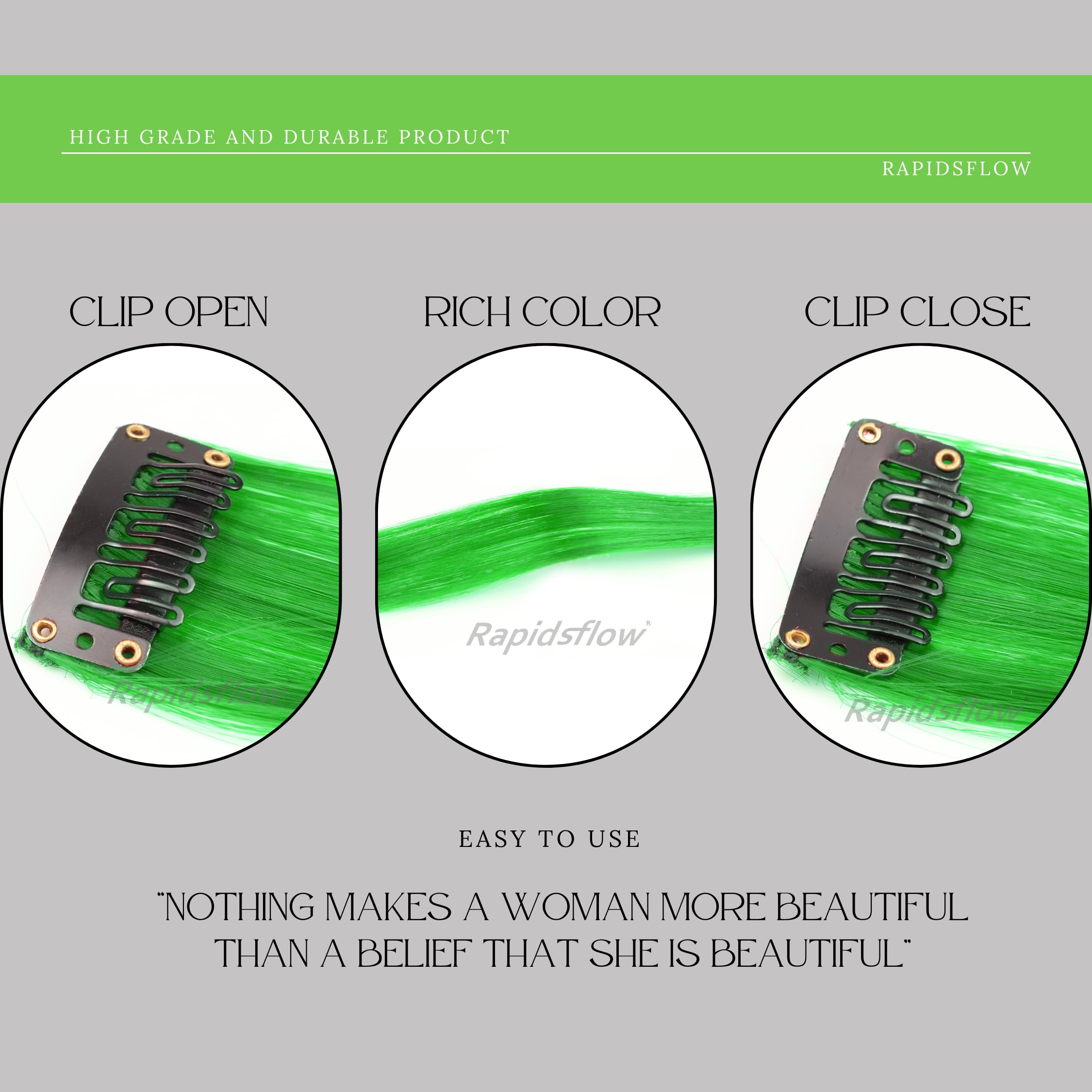 Rapidsflow® Straight Colored Hair Streak Extensions for Women & Girls - 4pc Set of Real Human Hair Highlights in Green - Perfect for Parties, Cosplay & Fashion Styling
