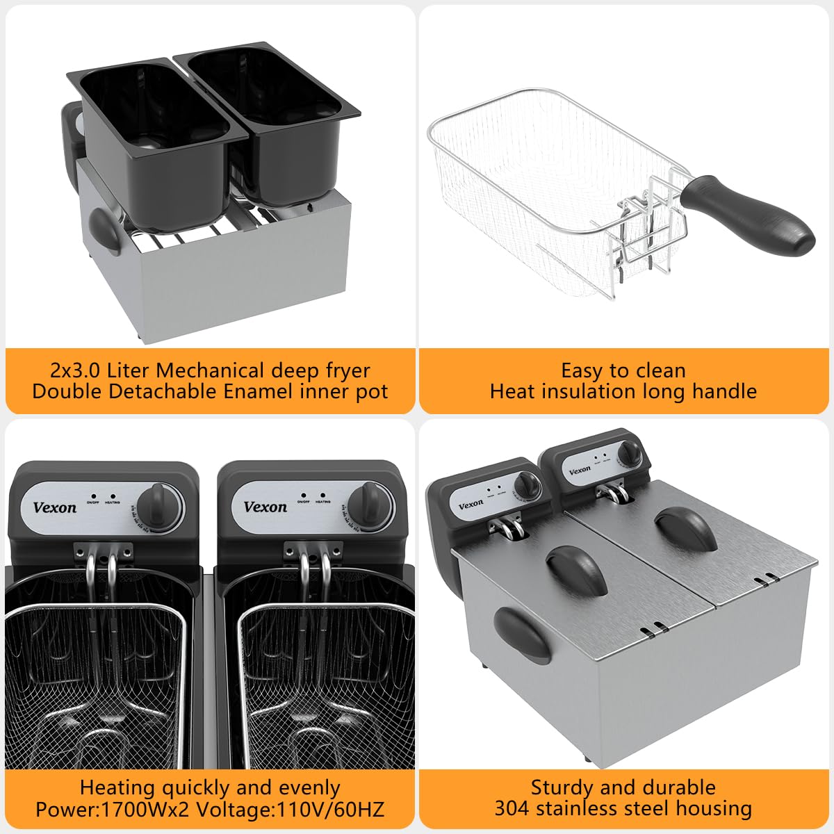 3000W Commercial Electric Deep Fryer with Baskets & Lids - 2x3L Stainless Steel Double Fryer for Restaurants, Fast Food & Home Use - Small Deep Fryer with Temperature Control & Overheat Protection - Perfect for French Fries, Chicken Wings & Seafood
