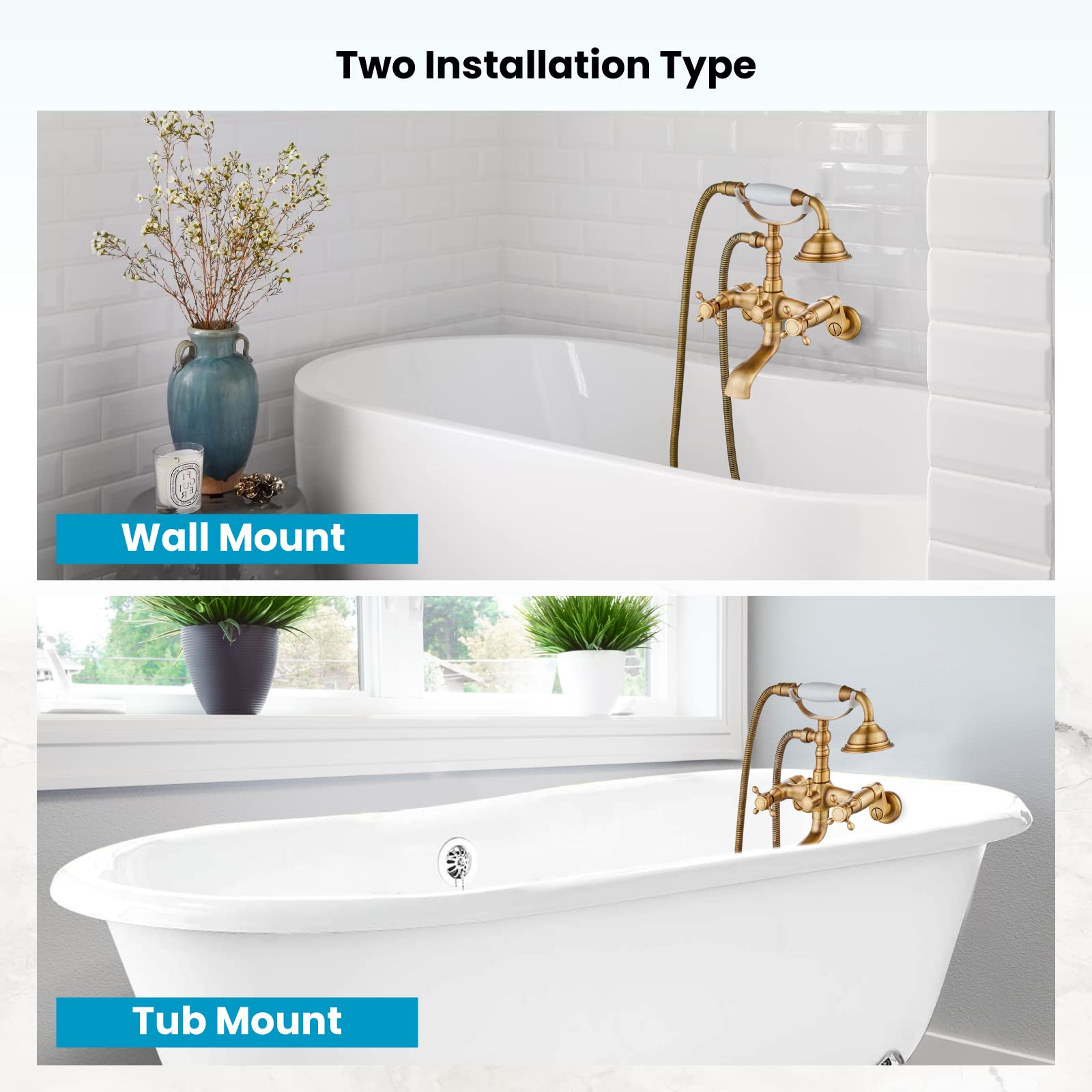 Gotonovo Victorian Clawfoot Bathtub Faucet Set - 6 Inch Center Adjustable Swing Arms, Handheld Shower & Double Cross Handle in Antique Brass - Perfect for Vintage Bathroom Renovations and Luxury Spa Experiences