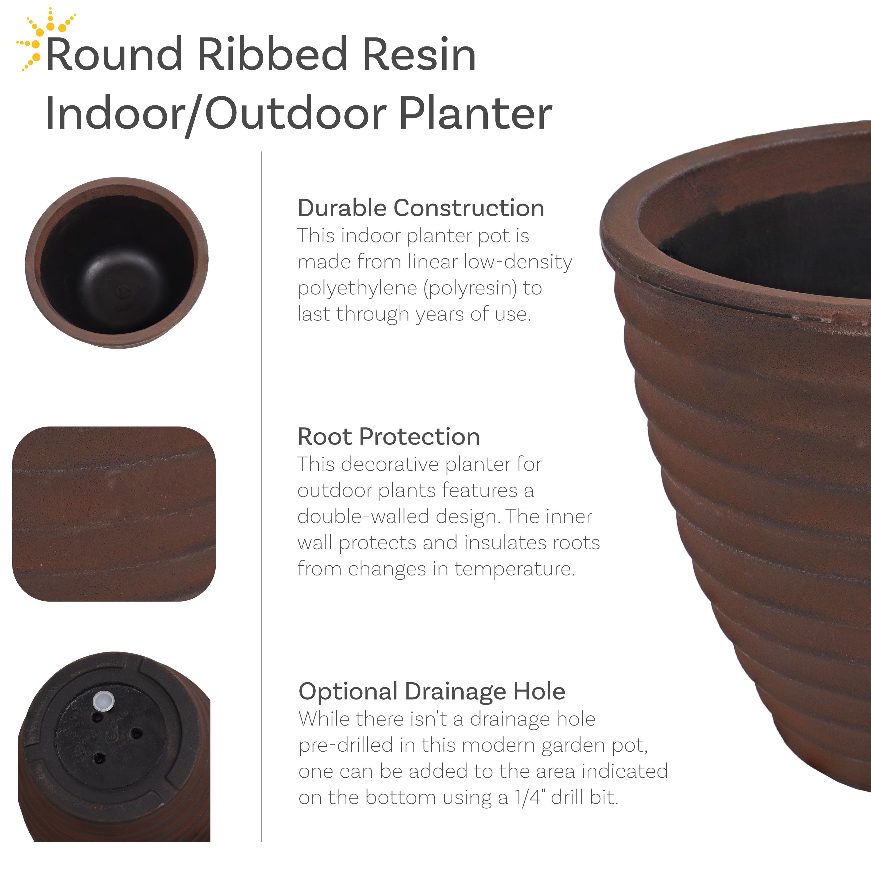 Sunnydaze Polyresin Ribbed Outdoor Plant Pot - Rust-Resistant Garden Decor for Patio, Deck & Balcony | Perfect for Succulents, Herbs & Flowers
