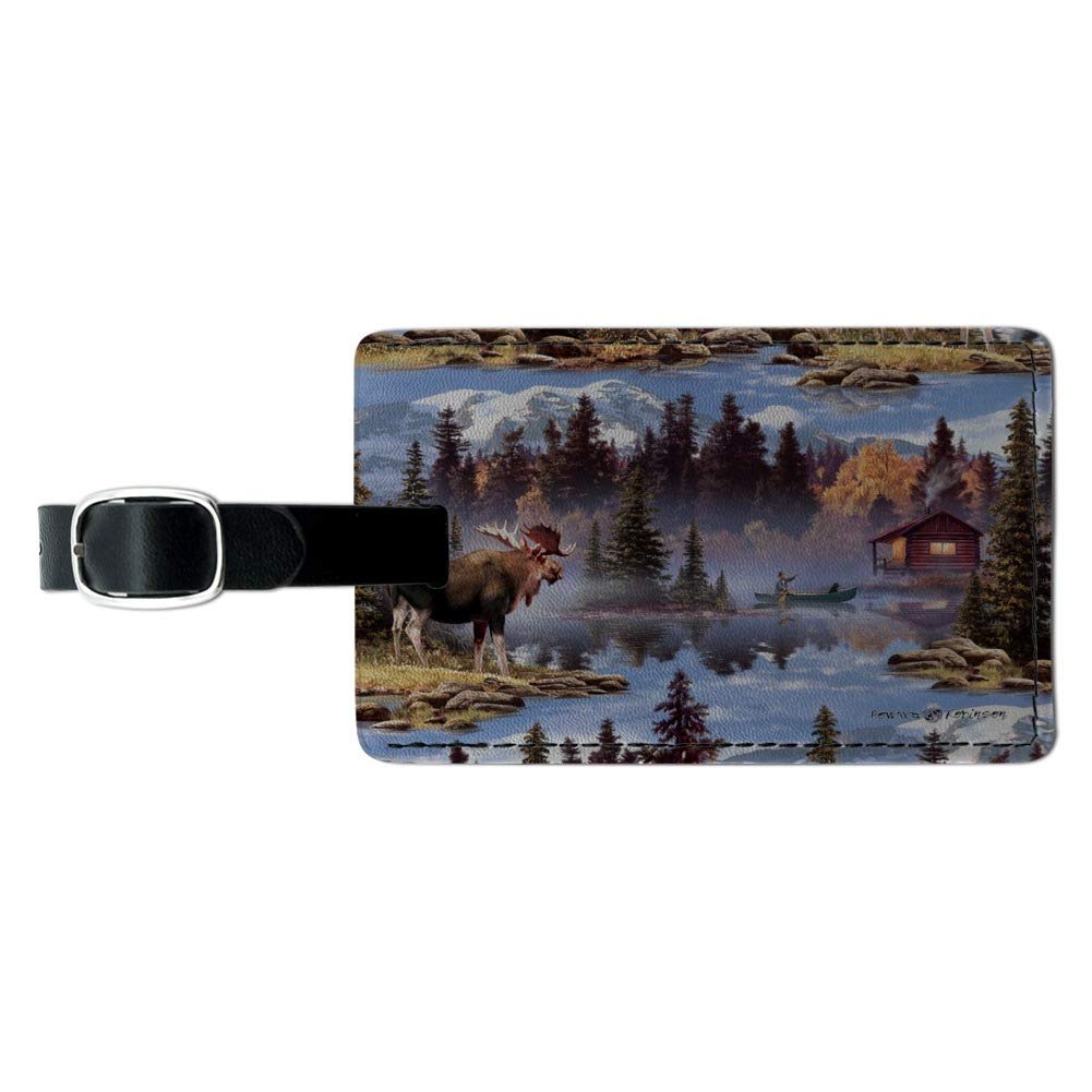 Premium Leather Luggage Tag with Moose Cabin Forest Canoe Pattern - Durable Rectangle ID Tag for Travel Bags, Suitcases & Backpacks - Perfect for Camping, Hiking & Outdoor Adventures