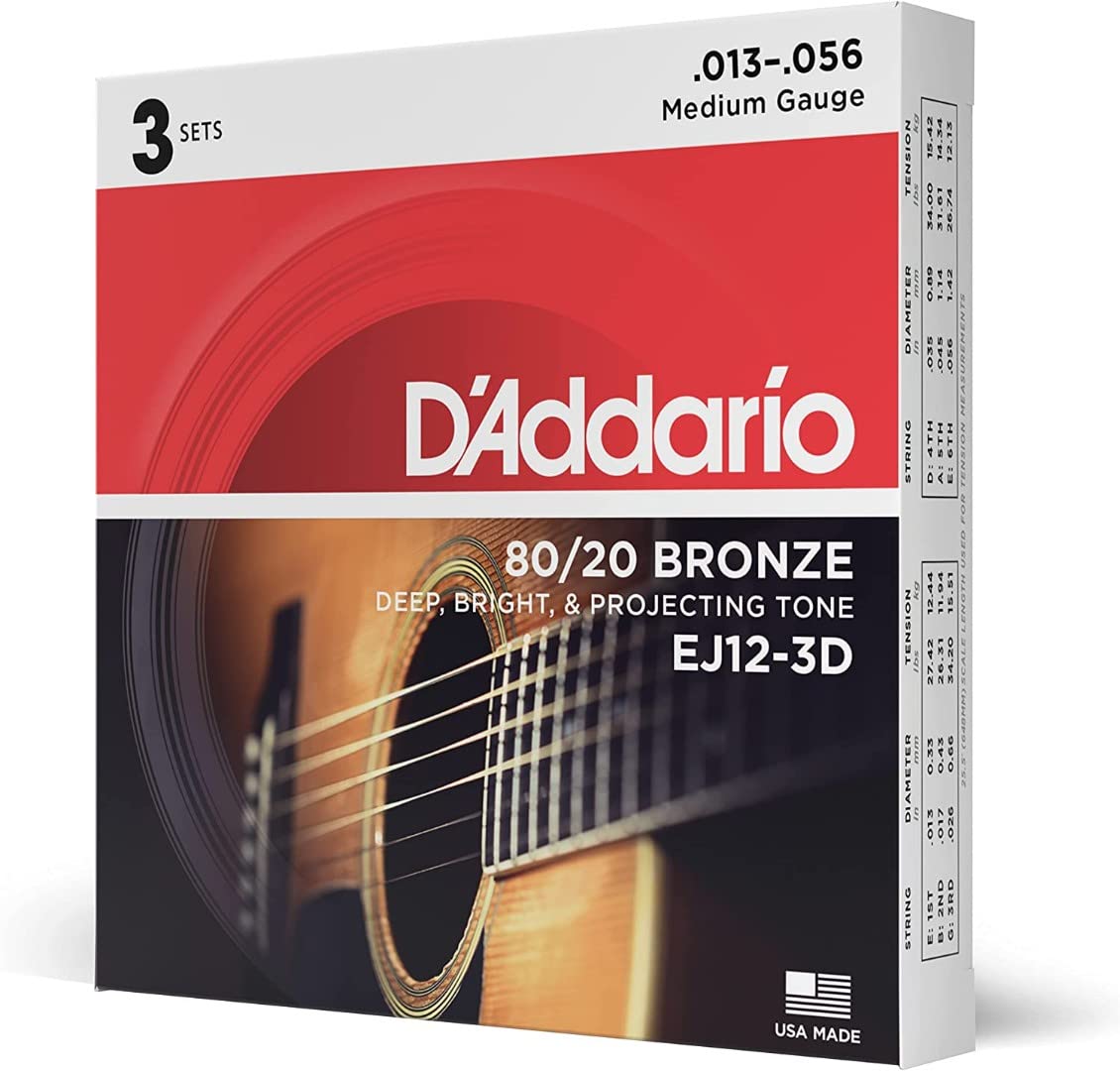 D'Addario EJ12 80/20 Bronze Acoustic Guitar Strings Set - Medium Gauge (13-56) - 3-Pack | Bright & Warm Tone for Folk, Country & Fingerstyle Playing