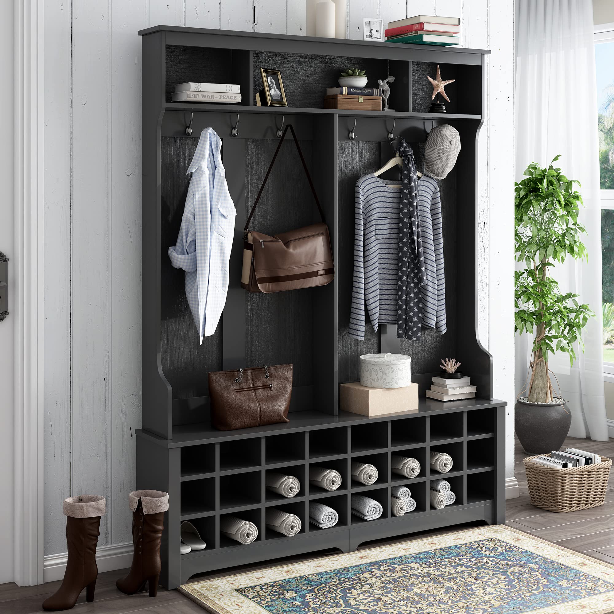 Large Entryway Coat Rack with Shoe Storage - 24-Cube Organizer, 6 Hooks & 3 Shelves - Hall Tree Bench for Shoes, Jackets & Bags - Perfect for Foyers, Mudrooms & Apartments (Black)