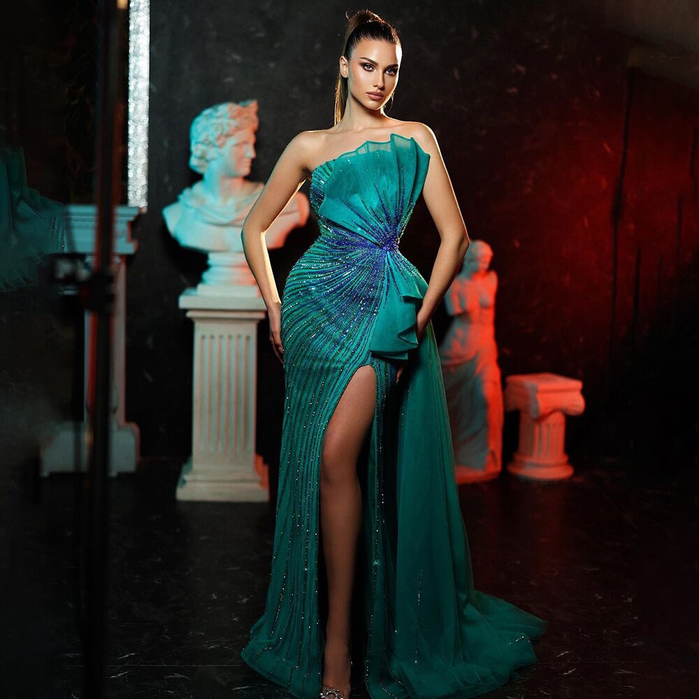 Serene Hill Green Beaded Mermaid Evening Gown with High Slit - Sexy Formal Dress for Women 2025 | Perfect for Prom, Cocktail Parties & Special Occasions