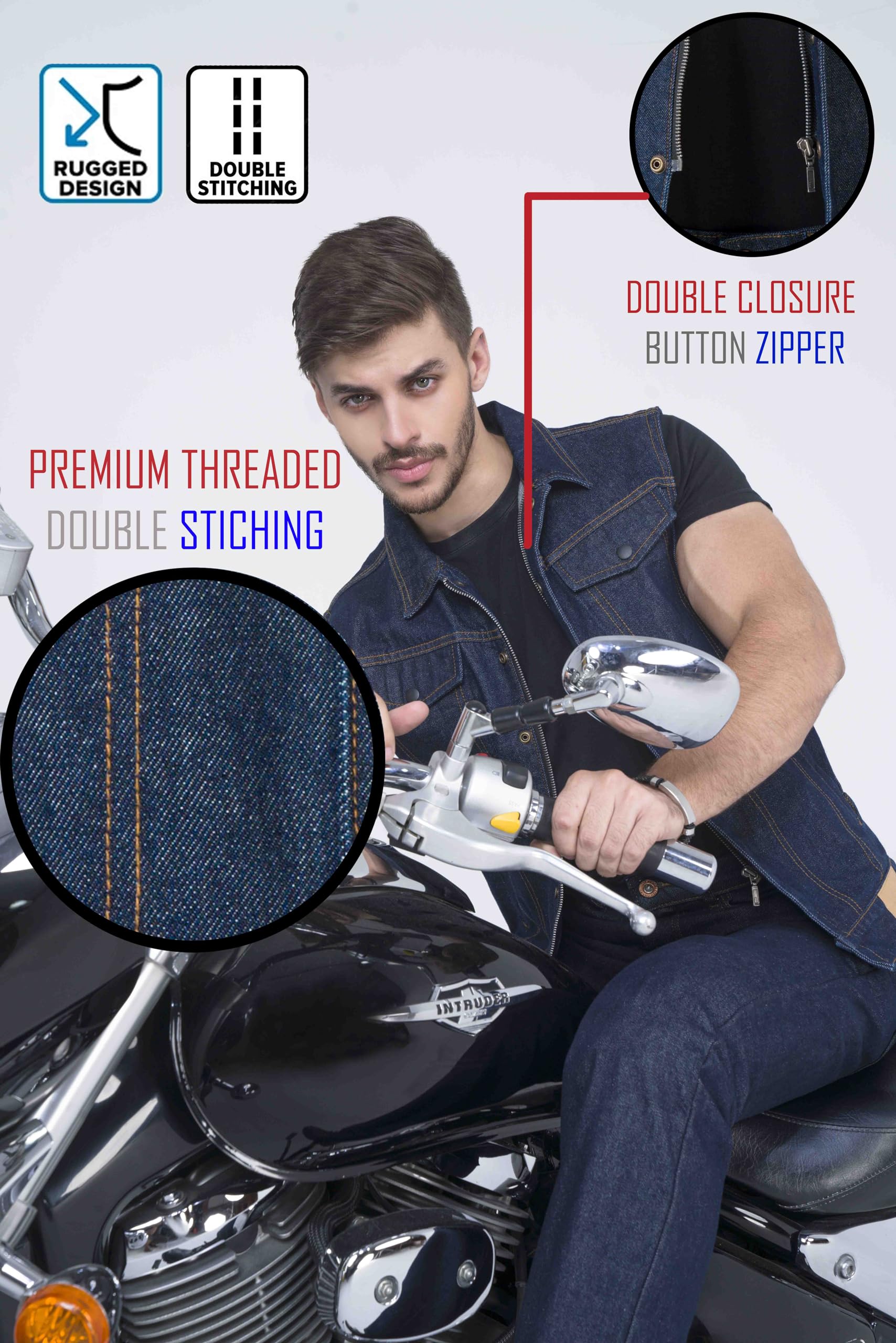 WICKED STOCK Men's Denim Vest True-Blue | Casual Motorcycle Vest | Durable Motorcycle Gear for Men | Perfect for Riding & Outdoor Adventures