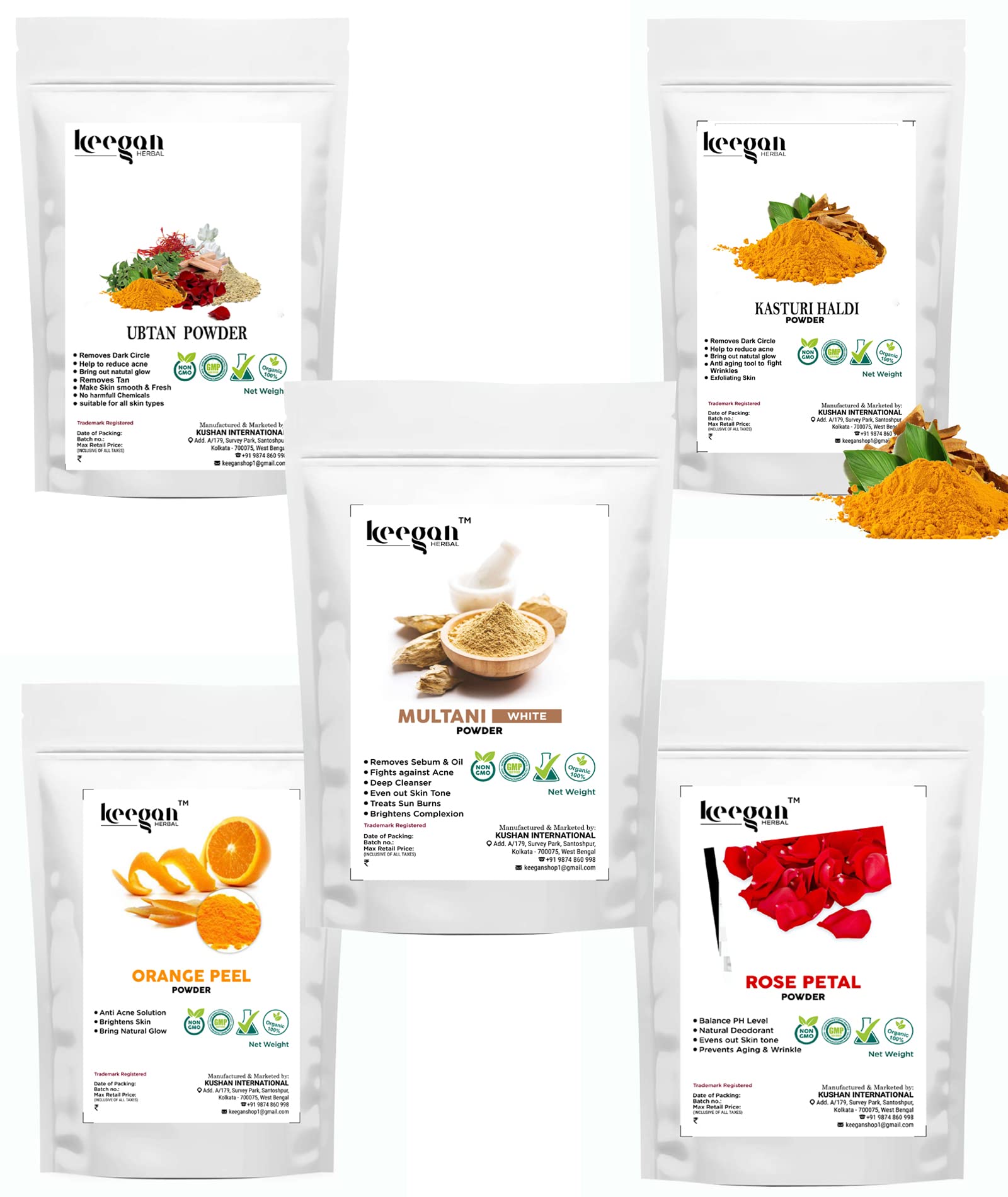 Keegan Herbal Natural & Pure Multani Mitti Powder, Ubtan Powder, Kasturi Haldi Powder, Orange Peel Powder, Red Rose Petal Powder - Skin Brightening, Acne & Pimple Treatment, Face & Skin Care (250g) | DIY Glow Mask, Ayurvedic Beauty Routine, Spa Day Essential