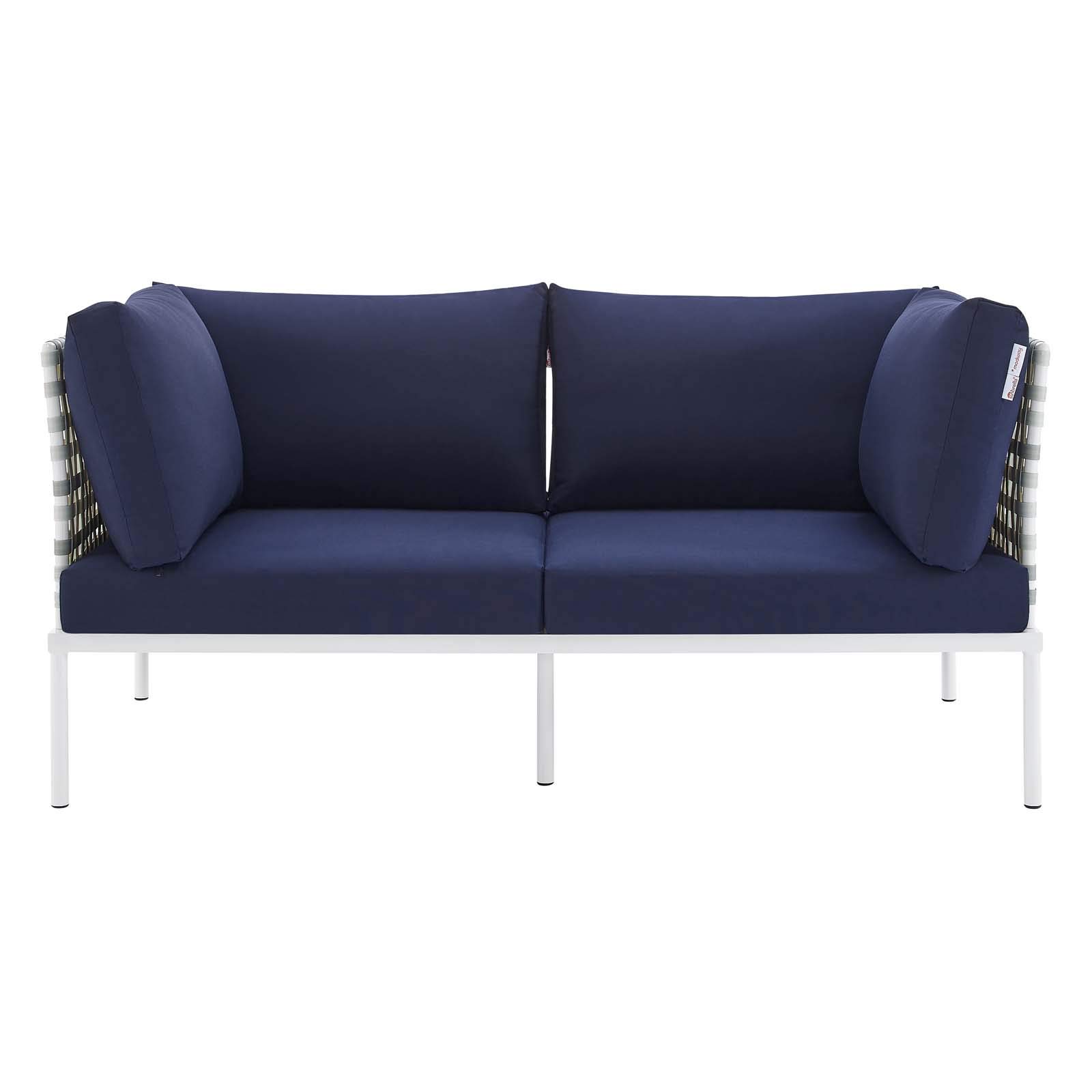 Modway EEI-4961-TAU-NAV Harmony Outdoor Patio Loveseat - Aluminum Frame, Water-Resistant Taupe Navy Cushions - Perfect for Garden, Backyard, Poolside & Patio Relaxation