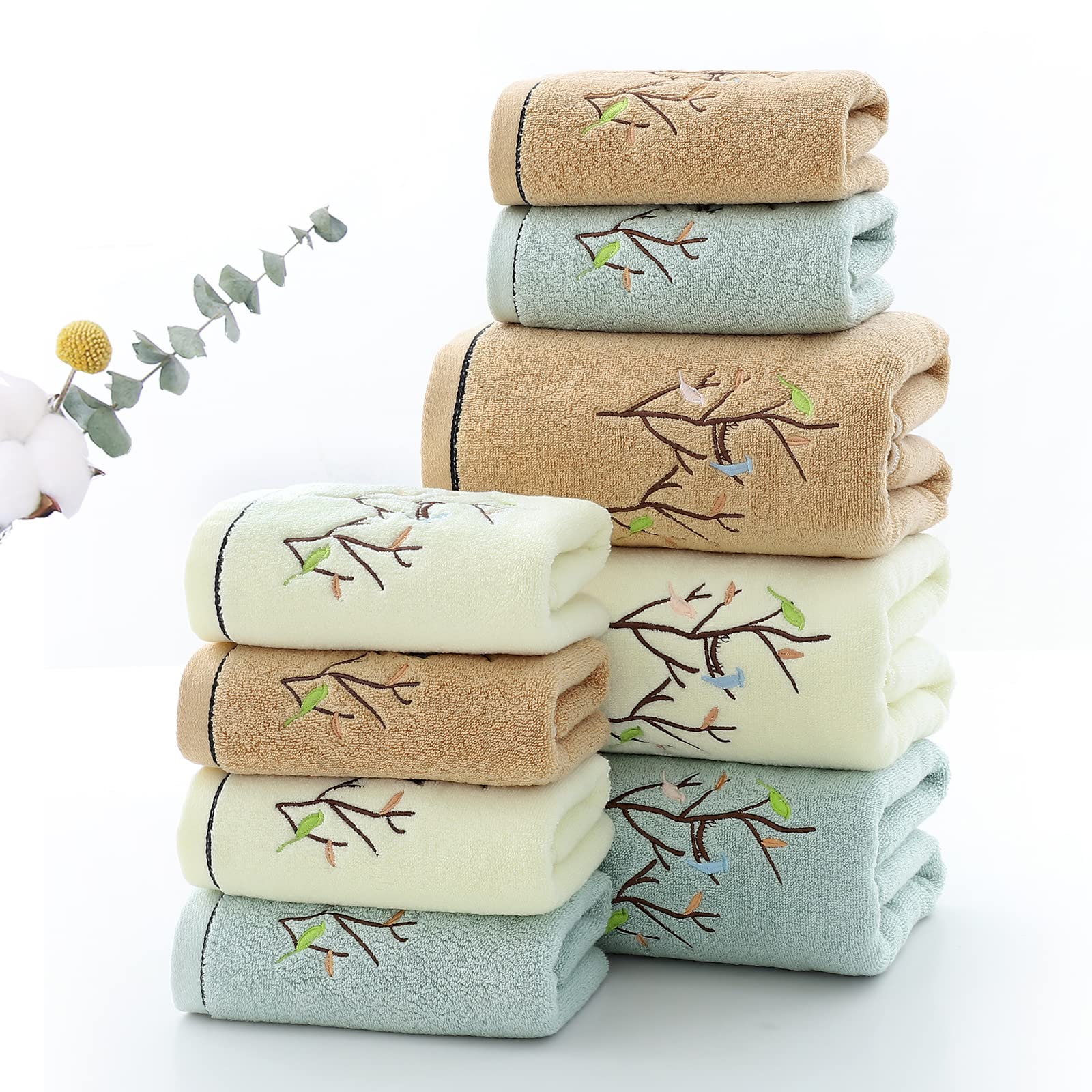 Premium 100% Cotton Embroidered Bird & Tree Bath Towel Set - Ultra Soft & Absorbent 27.6x55 Inch Decorative Bathroom Towels (Light Yellow) for Spa, Guest Bath & Luxury Home Decor