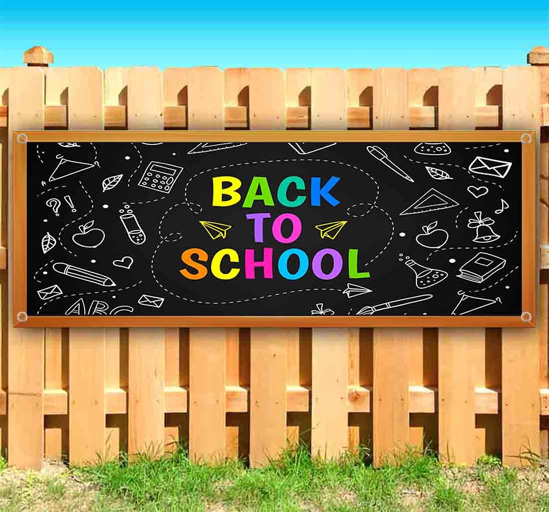 Back To School Chalkboard Banner - 13oz Heavy Duty Vinyl Sign with Metal Grommets - Single Sided Non-Fabric Decoration for Classroom, Office & Party Decor