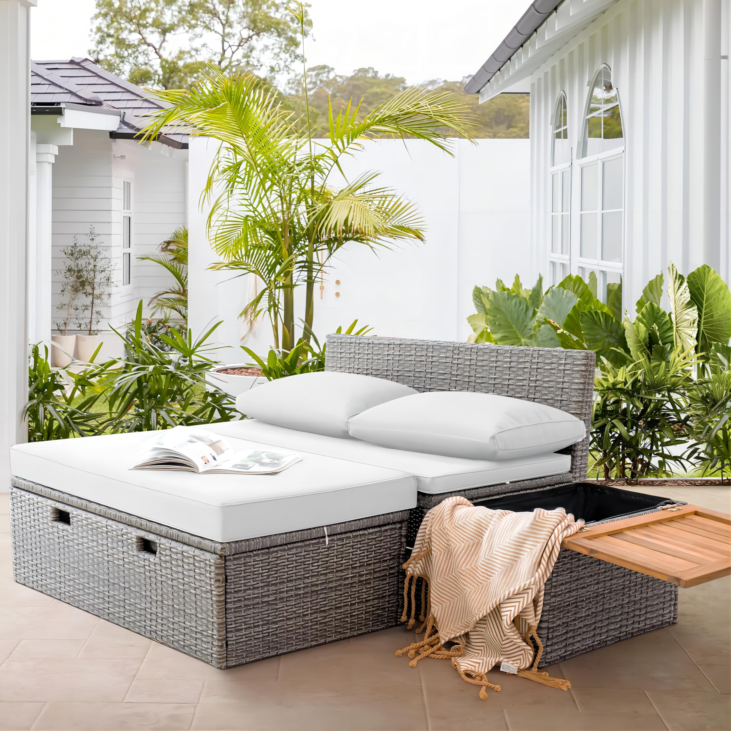 **Greesum Outdoor Daybed Set - White Wicker Lounge Bed with 2 Side Tables, Cushions & Storage Bench - Patio, Porch, Lawn & Beach Furniture for Relaxation**    *(Perfect for sunbathing, reading, or enjoying a drink outdoors - ideal for backyard, poolside, or coastal living!)*