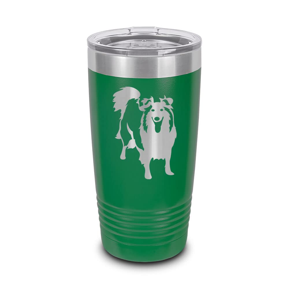 Custom Sheltie Dog 20 oz Laser Engraved Stainless Steel Vacuum Insulated Tumbler with Lid - Personalized Green Travel Mug for Coffee, Tea & Cold Drinks - Perfect Gift for Dog Lovers, Office Use & Outdoor Activities