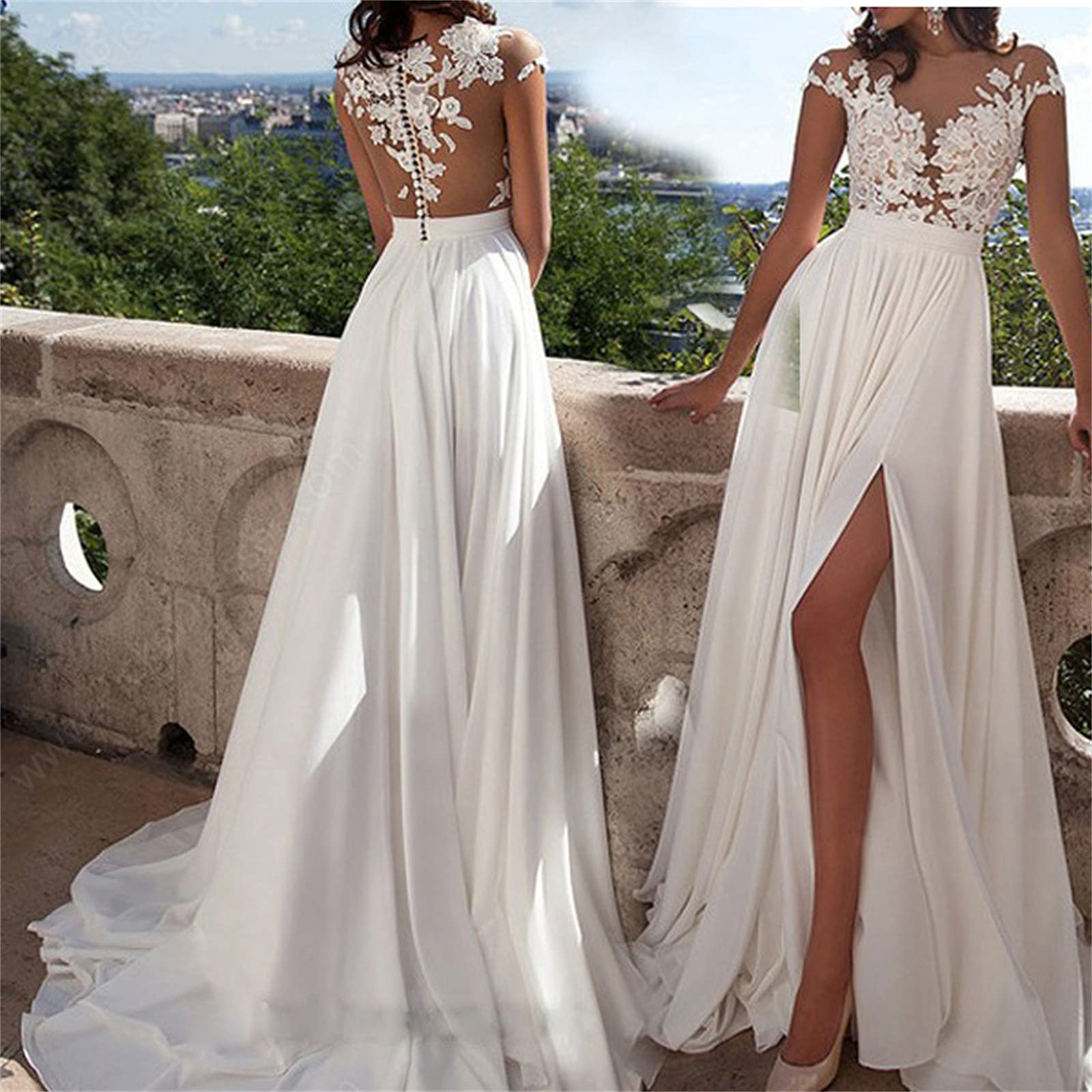 Elegant White Lace Wedding Dress for Women - V-Neck Long Bridal Gown with Crochet Details & Backless Design | Perfect for Beach Weddings, Evening Galas & Romantic Photoshoots