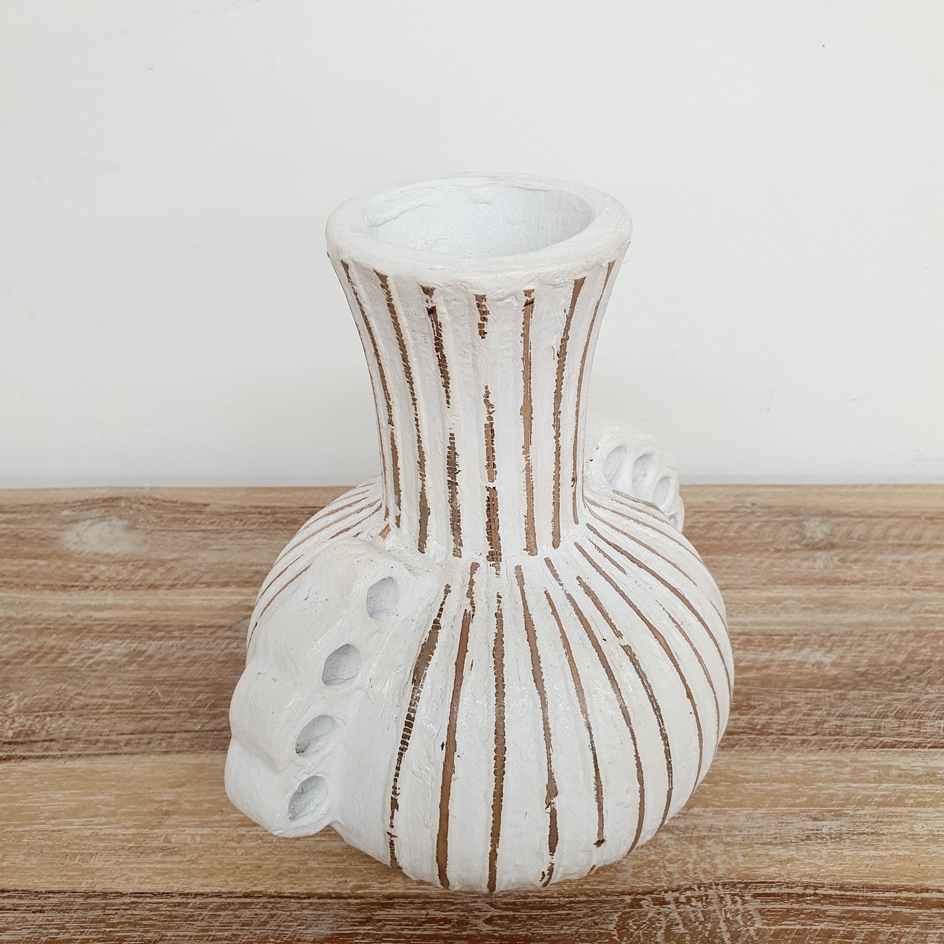 Handmade White Striped Terracotta Vase with Handles - Decorative Ceramic Flower Pot for Home Decor, Wedding Centerpiece & Boho Style Interior Design