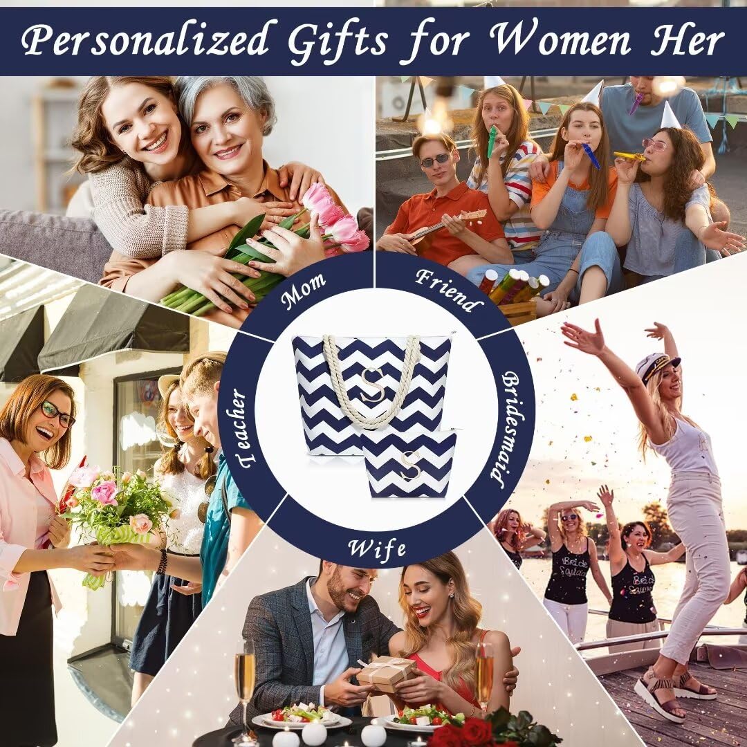 Personalized Initial Beach Tote Bag for Women - Waterproof Large Capacity Bag with Matching Makeup Pouch | Perfect for Pool, Vacation, Travel & Birthday Gifts