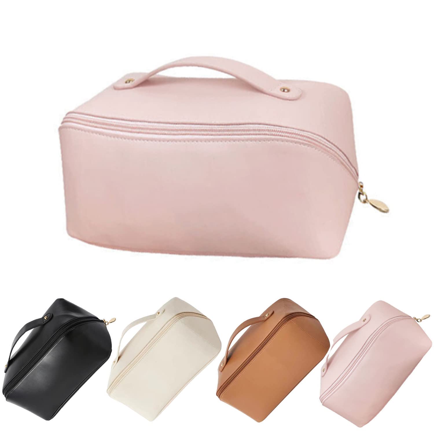 Large Capacity Waterproof Travel Cosmetic Bag for Women - Double Layer Makeup Organizer with Handle & Divider | Portable Leather Toiletry Storage Bag (Pink) | Perfect for Air Travel, Gym, Vacation & Daily Use
