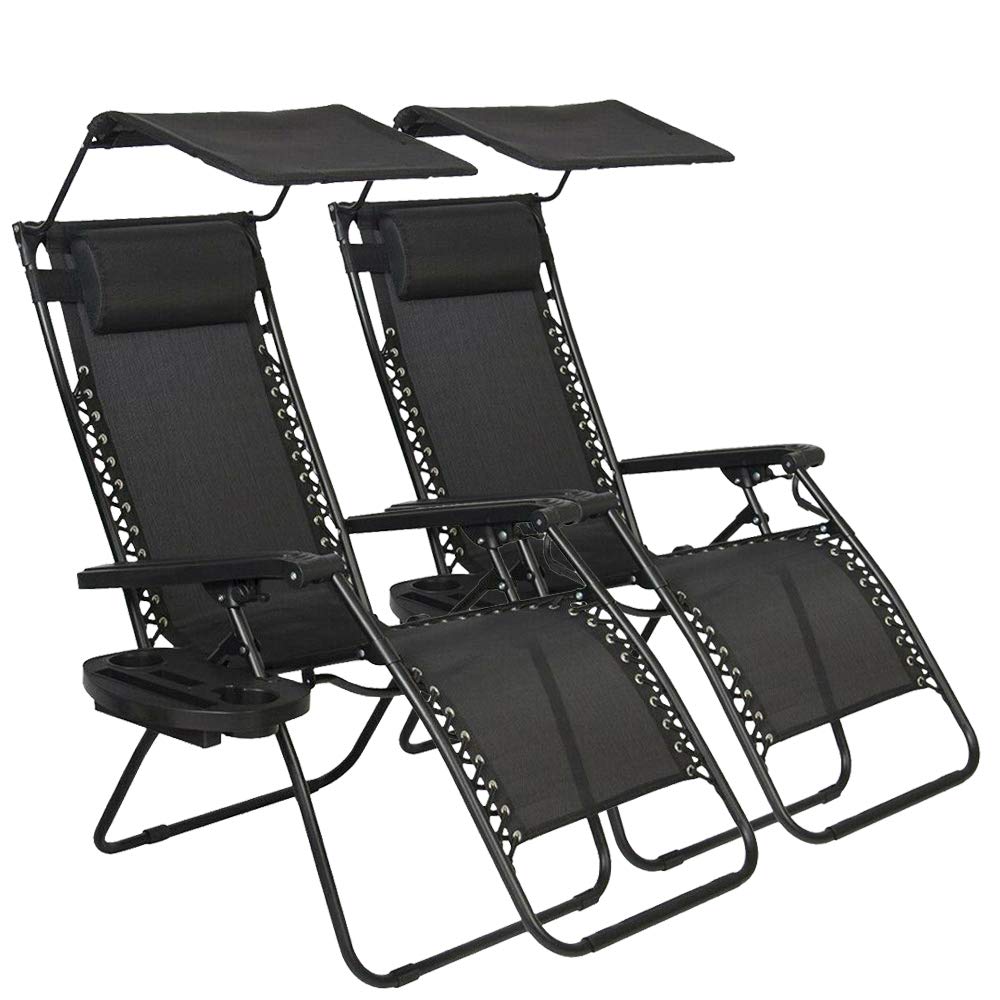 2 Pack Zero Gravity Reclining Lounge Chairs with Canopy & Cup Holder - 250LBS Capacity Outdoor Folding Chaise for Patio, Poolside, Beach, Backyard & Deck - Perfect for Sunbathing, Relaxing & Outdoor Lounging - Black
