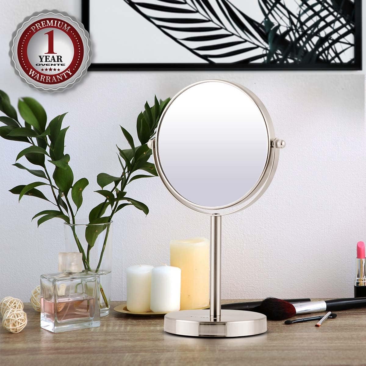 OVENTE 6-Inch Double-Sided Vanity Mirror with 1X/7X Magnification, 360° Swivel Stand - Brushed Nickel Makeup Mirror for Dresser, Bedroom & Office Desk | Perfect for Makeup Application, Skincare Routine & Grooming