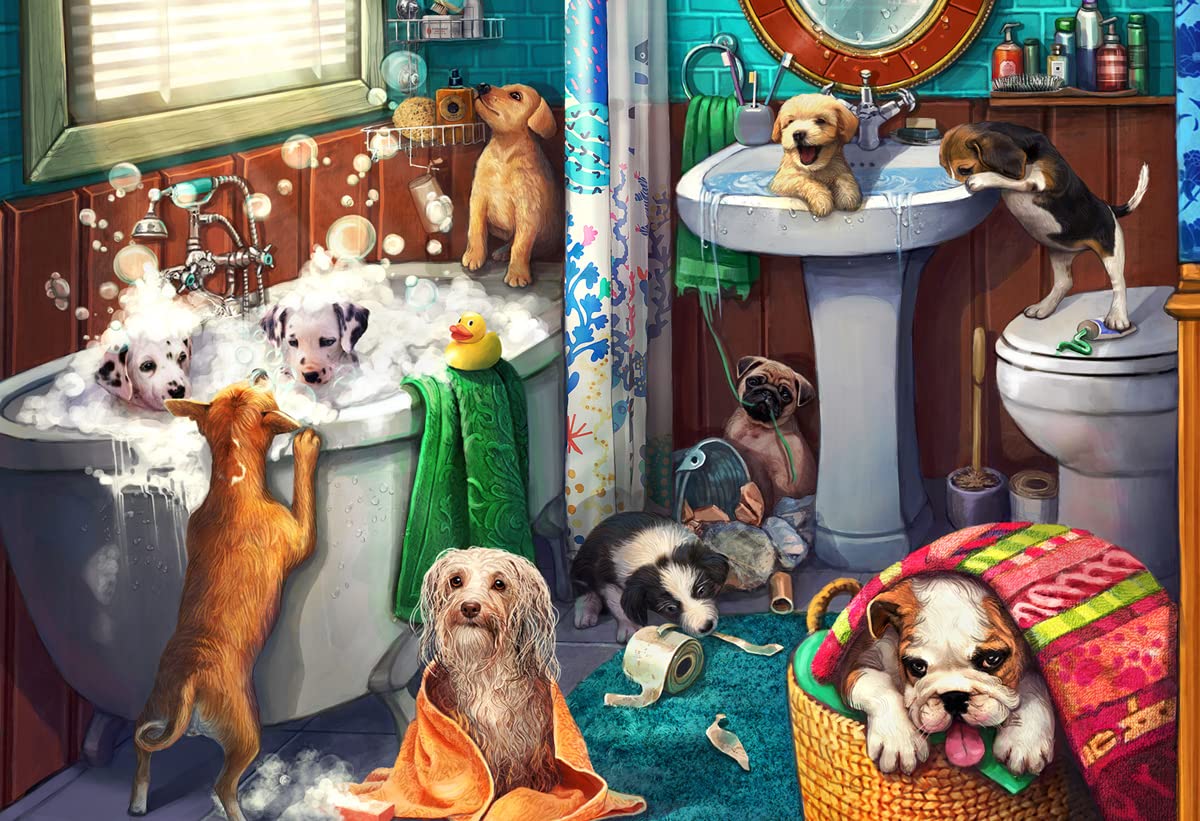 Vermont Christmas Company 100-Piece Puppies in The Bath Jigsaw Puzzle - Large 19x13 Inch Durable Puzzle Board for Kids & Adults - Perfect for Family Game Night & Holiday Gift Giving