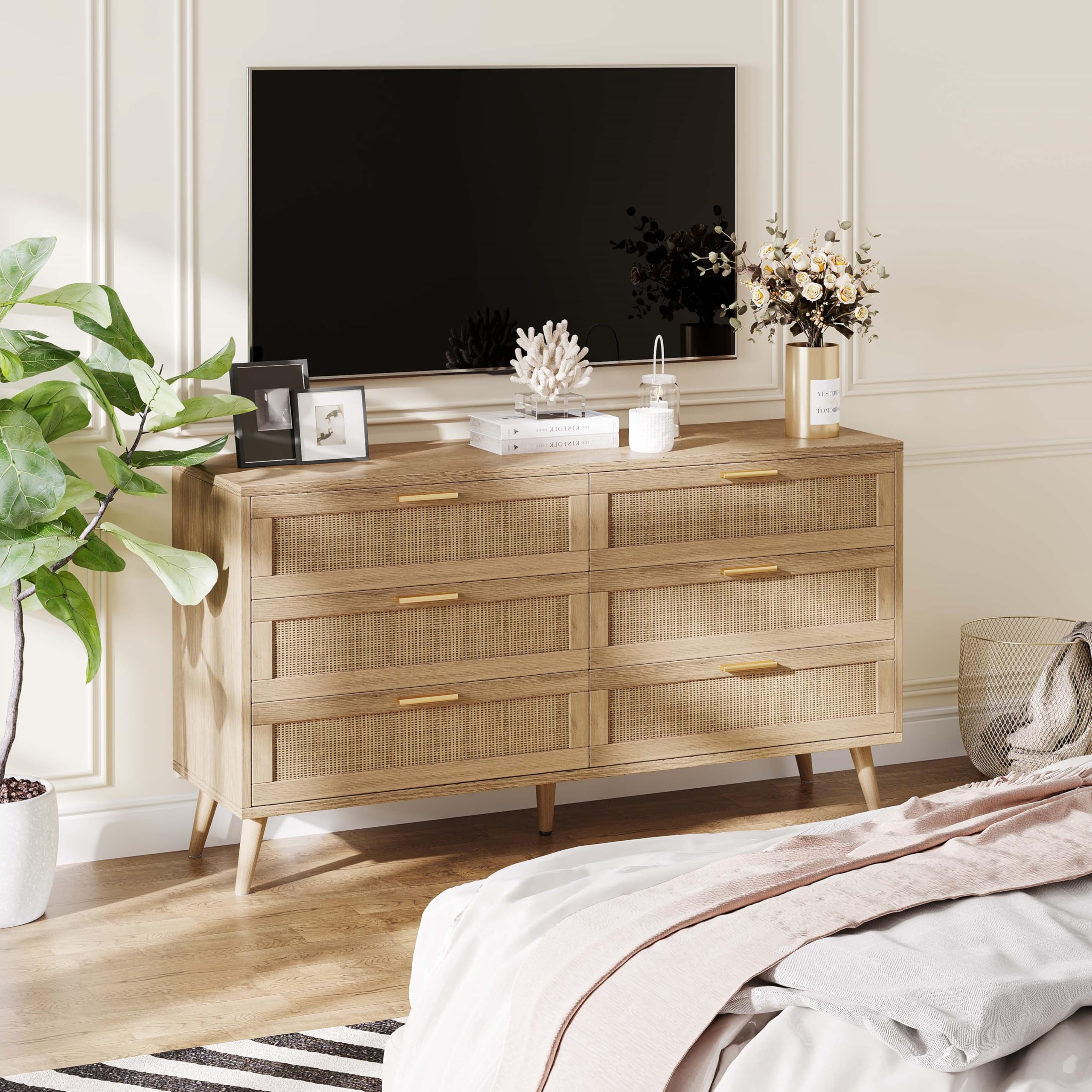 Rovaurx 6-Drawer Double Dresser for Bedroom - Modern Rattan Wooden Chest with Gold Handles, Storage Organizer for Closet, Living Room & Entryway - Natural Finish | Perfect for Bedroom Storage, Guest Room Furniture & Home Organization