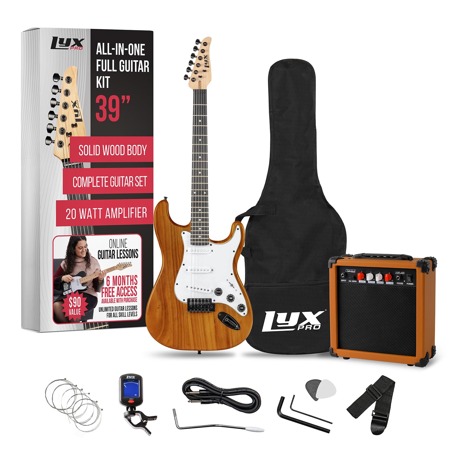 LyxPro 39 Inch Full Size Electric Guitar Starter Kit with 20W Amplifier - Mahogany Body, Digital Clip-On Tuner, 6 Strings, 2 Picks, Tremolo Bar, Shoulder Strap & Case Bag - Perfect for Beginners, Practice, Live Performances & Home Recording