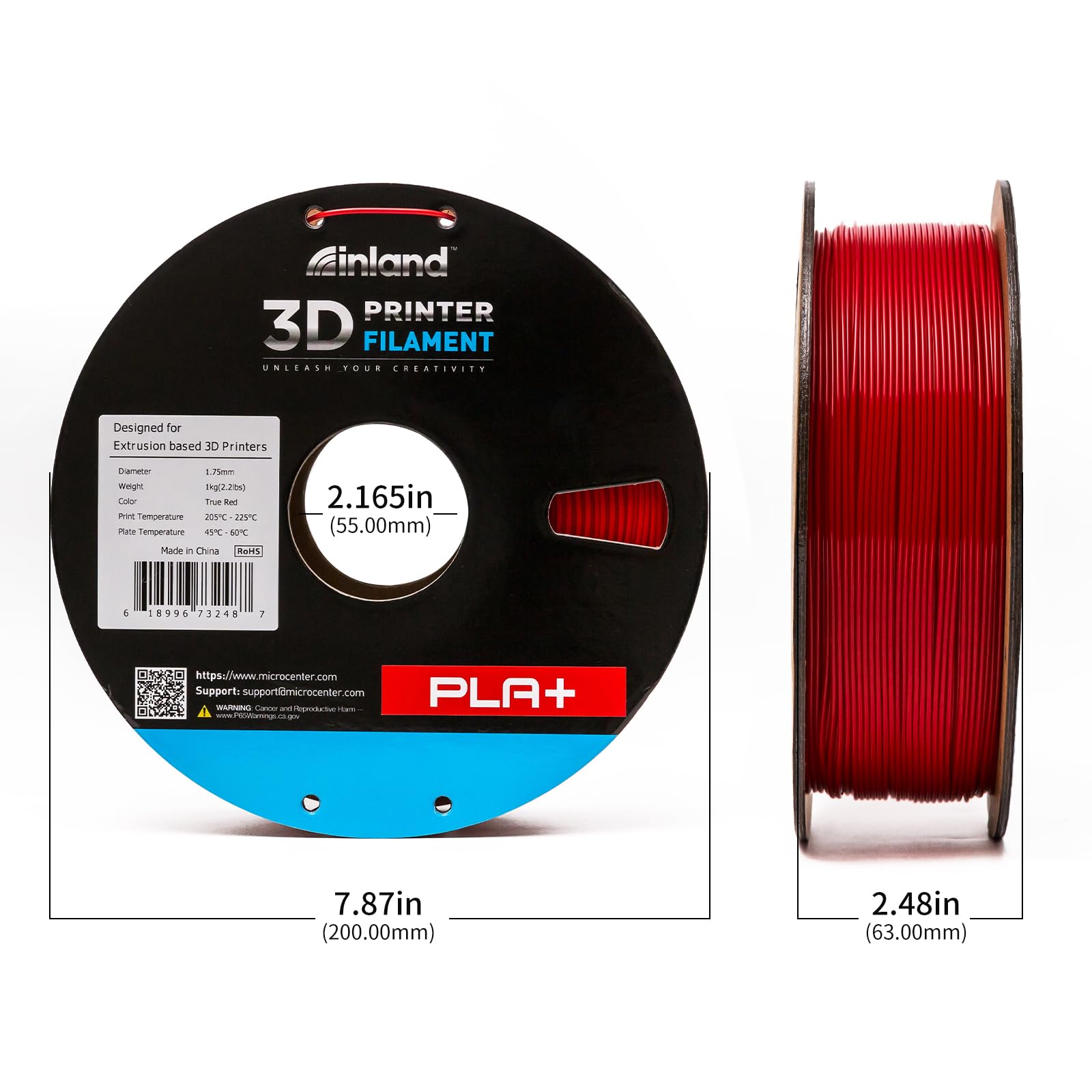 INLAND Micro Center PLA+ 3D Printer Filament 1.75mm - High Precision PLA Plus Filament with +/- 0.03mm Accuracy - 1kg (2.2 lbs) Cardboard Spool - True Red - Perfect for 3D Printing Models, Prototypes & DIY Projects
