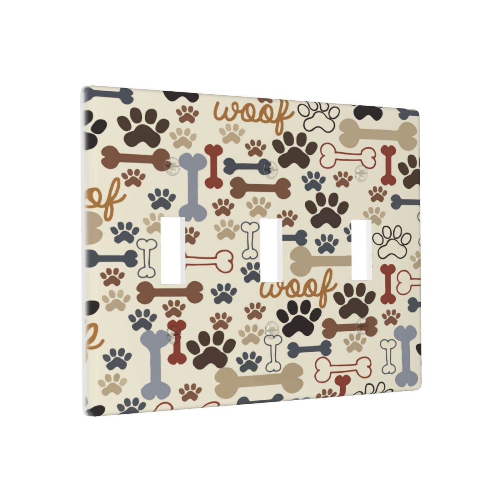 Decorative Triple Toggle Light Switch Cover - 3 Gang Standard Size 6.3x4.5 Inch - Dog Paw Prints & Bones Design - Wall Plate for Kitchen, Bedroom, Girls Room - Perfect for Pet Lovers & Home Decor