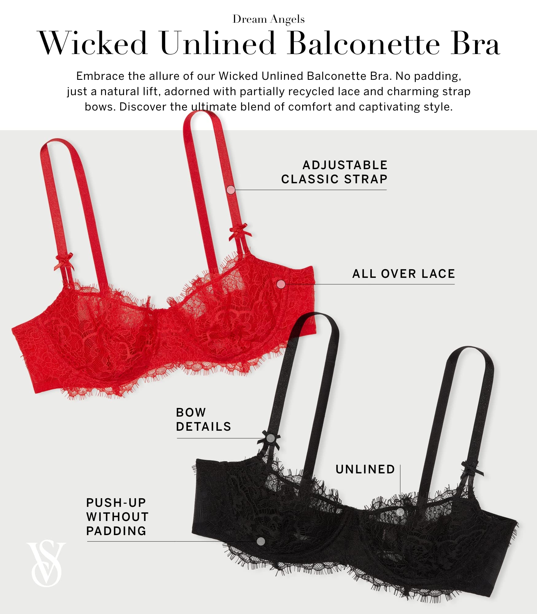 Victoria's Secret Dream Angels Wicked Unlined Balconette Bra for Women - 32A-38DDD - Comfortable Sexy Lingerie for Everyday Wear & Special Occasions