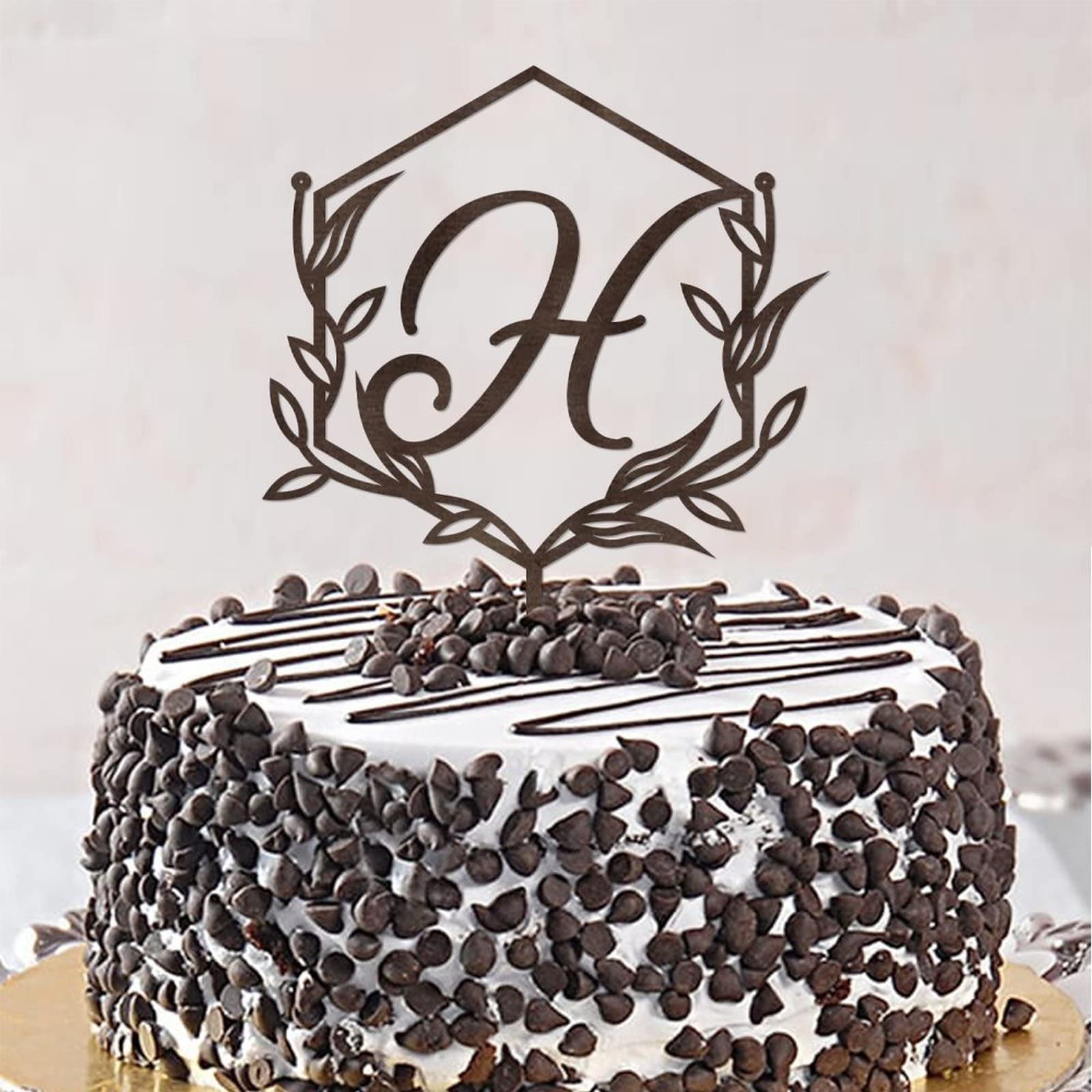 Personalized Initial H Cake Topper - Rustic Brown Wooden Monogram Wreath for Wedding Cakes, Birthday Desserts & Anniversary Celebrations (Design 09)