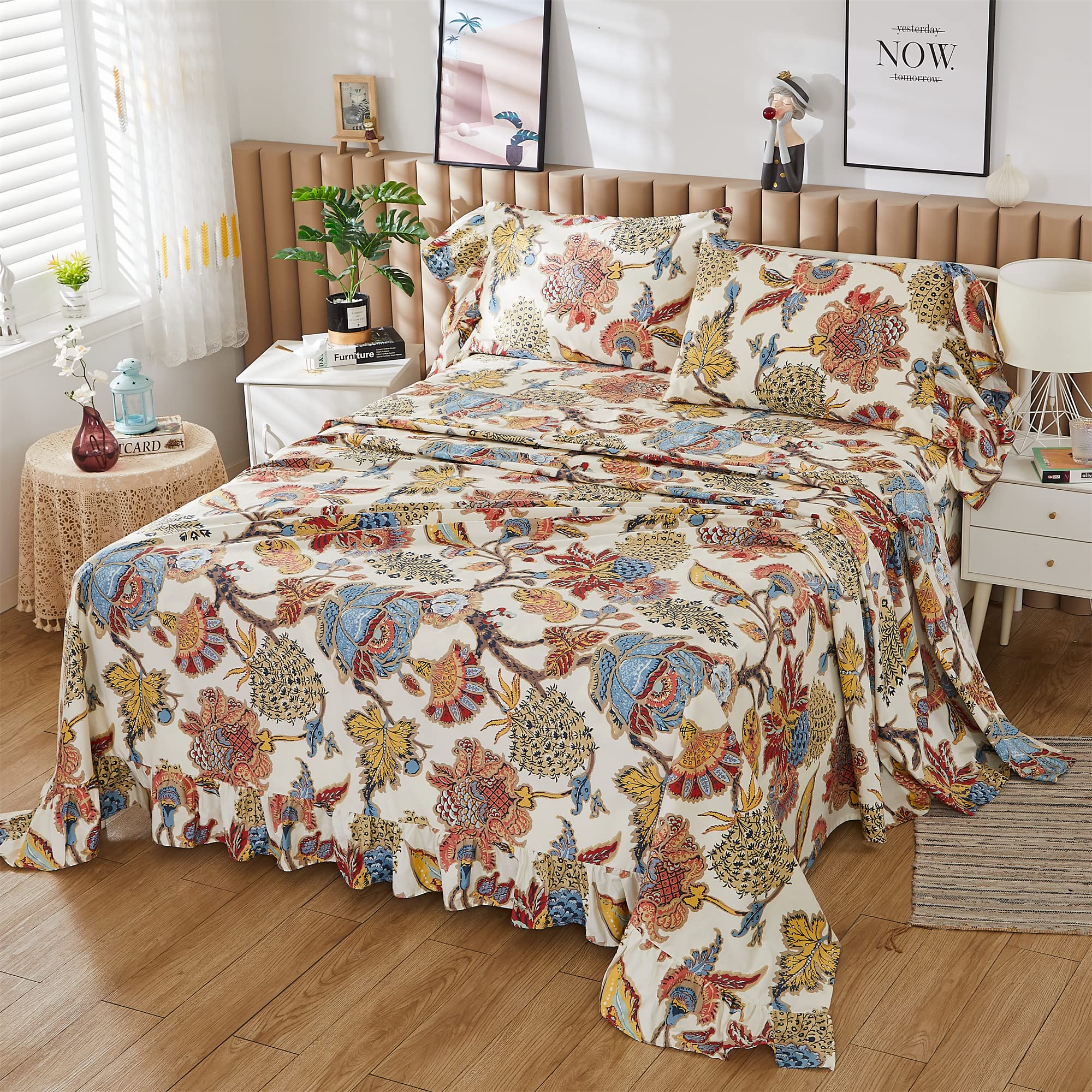 ABREEZE 100% Cotton Floral Sheet Set - Soft Ruffled Bedding with Deep Pocket Fitted Sheet, Flat Sheet & Pillowcases, 4-Piece Queen Size for Cozy Bedroom Decor | Perfect for Guest Rooms, Master Bedrooms & Vacation Homes