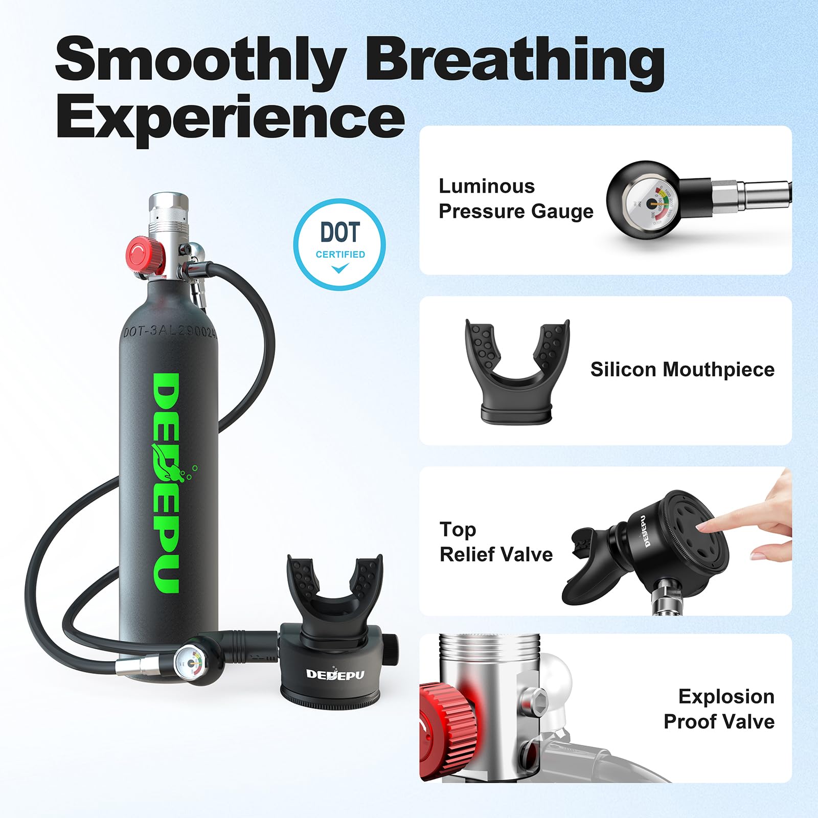 DEDEPU 1L Mini Scuba Tank - Portable Emergency Air Supply for Snorkeling, Scuba Diving & Water Sports | 15-20 Minute Backup Oxygen Cylinder | Ideal for Emergency Rescue, Spearfishing & Underwater Exploration