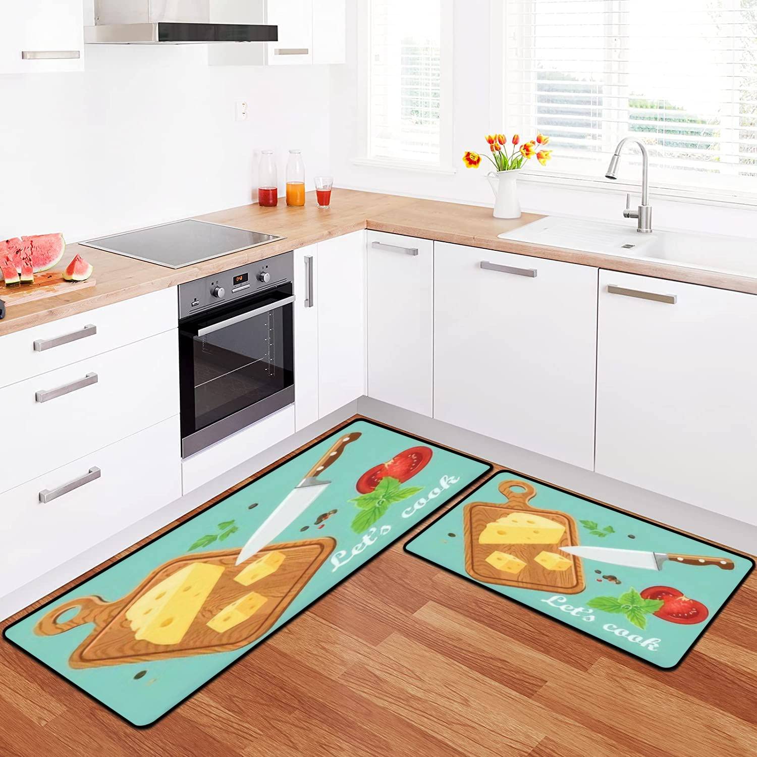 Non-Slip Washable Kitchen Rugs Set - Cheese Cutting Board & Knife Design Floor Mat, Anti-Fatigue Standing Mat for Cooking, Decor - Perfect for Kitchens, Entryways & Bathrooms