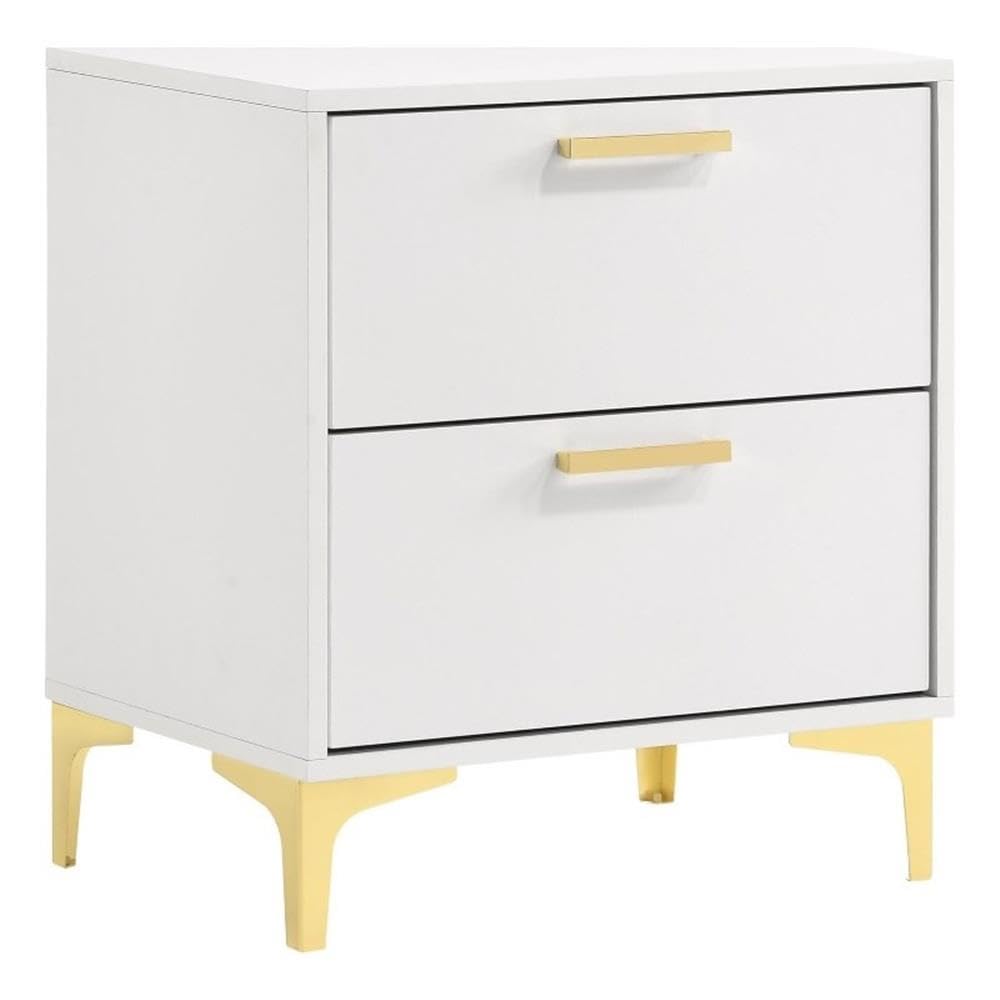 MAKLAINE White Modern 2-Drawer Wood Nightstand with Metal Base - Bedside Table for Bedroom, Living Room & Guest Room Storage