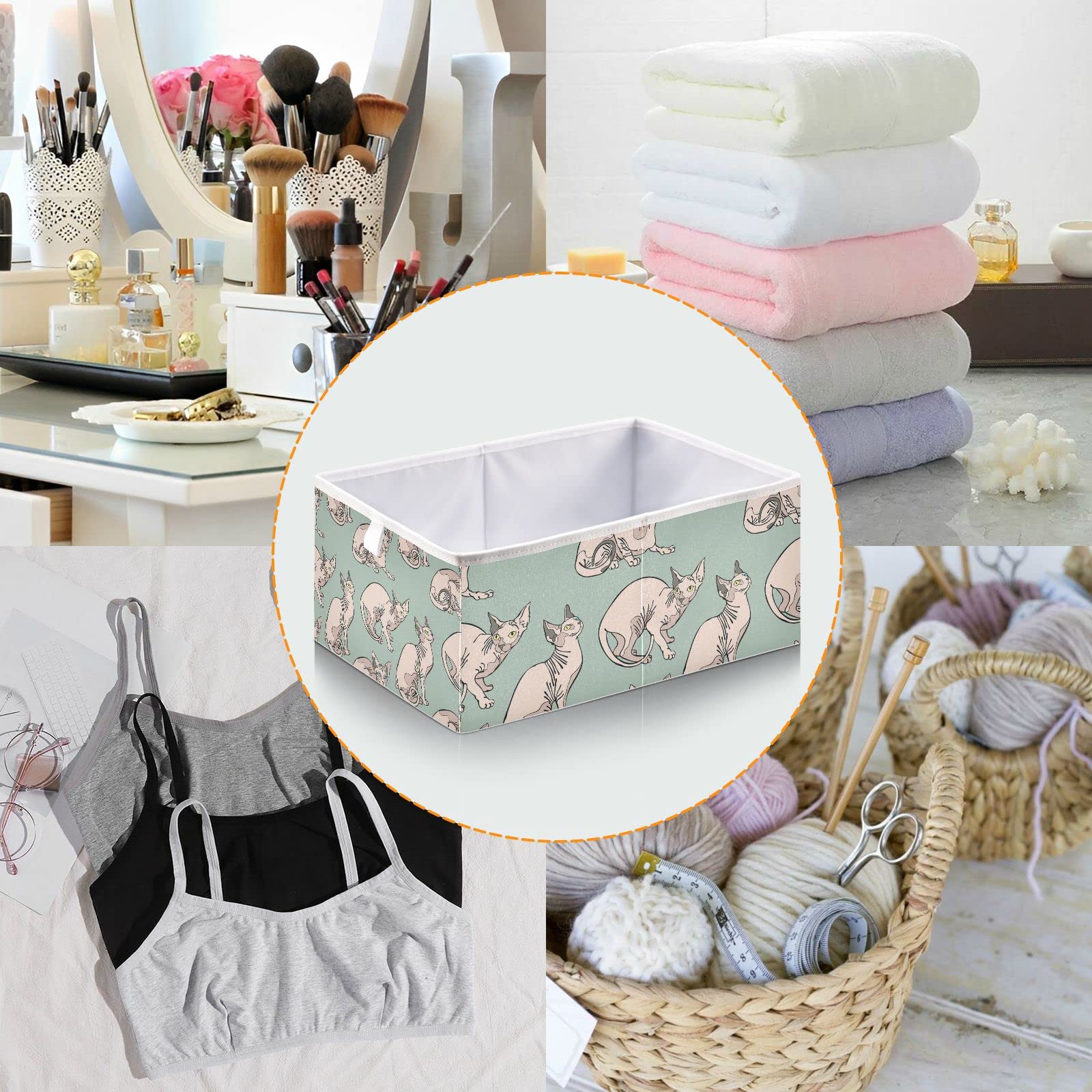 Foldable Storage Bins for Sphynx Cat Toys & Clothes | Collapsible Cloth Cube Organizer with Handles | Perfect for Shelves, Closet & Nursery Organization | Green Rectangular Seamless Design
