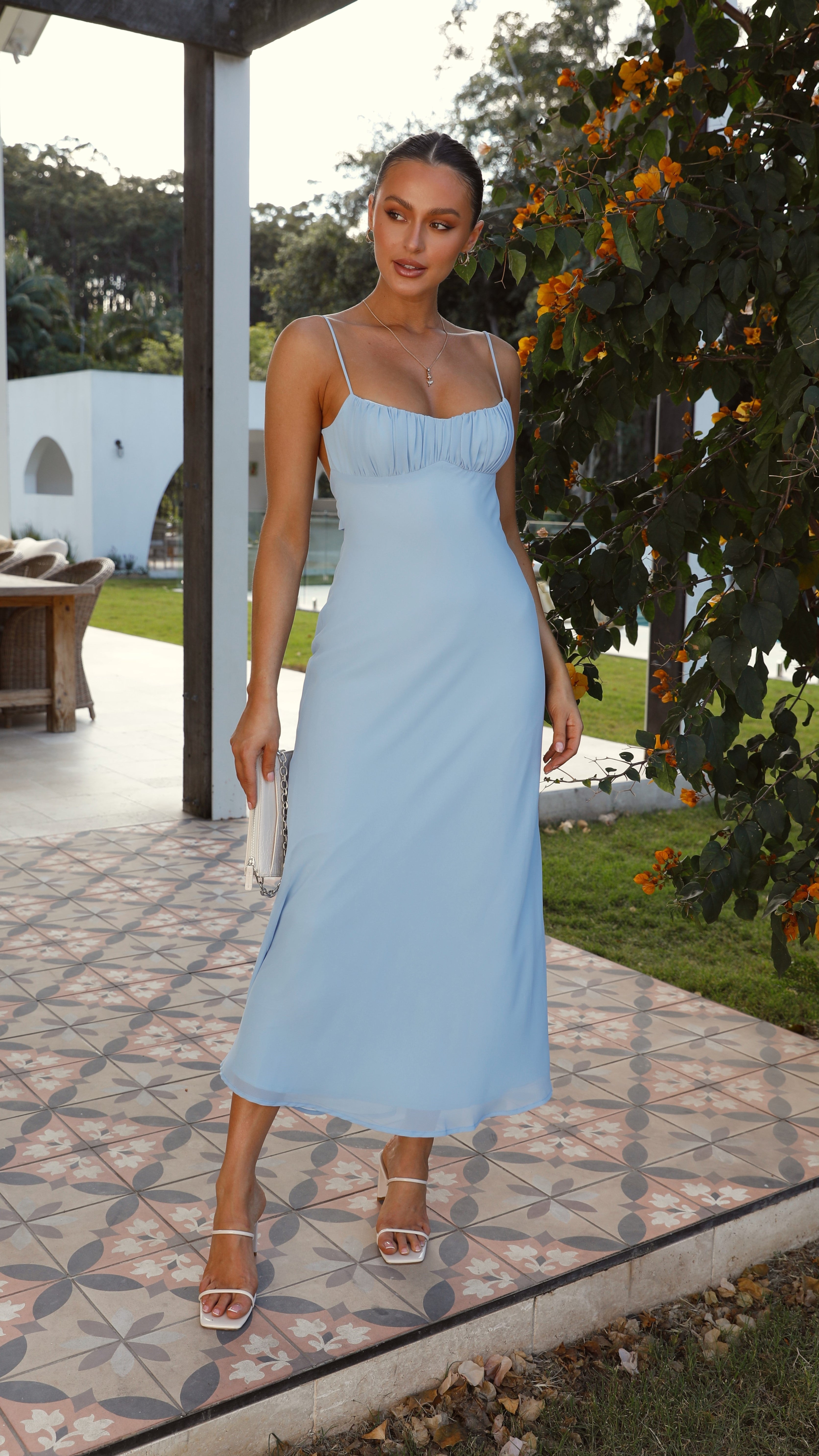 Margie Midi Dress for Women - Flowy Blue Summer Dress with V-Neck & Short Sleeves | Perfect for Beach Vacations, Date Nights & Casual Outings