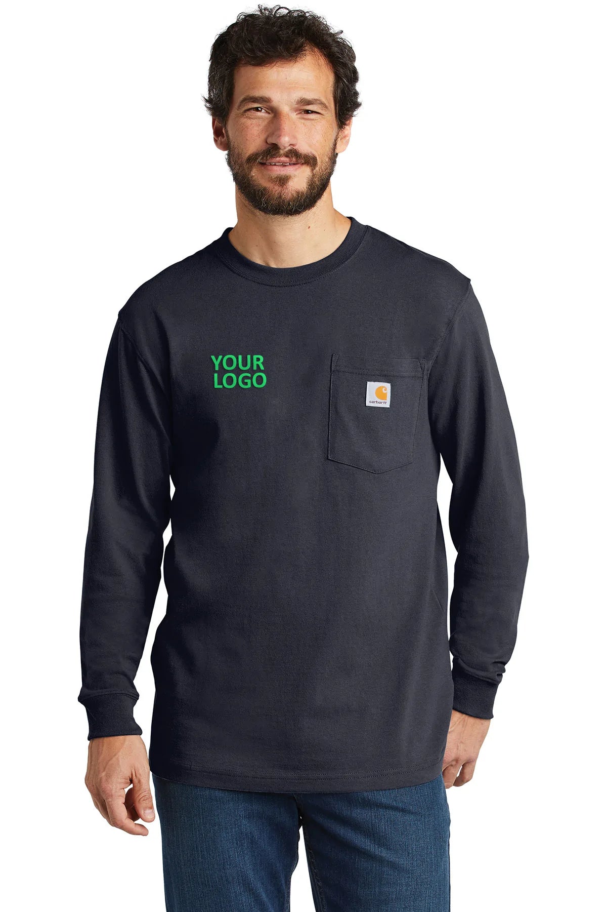 Carhartt Workwear Pocket Long Sleeve Custom T-Shirts for Men - Durable Navy Work Shirt with Chest Pocket - Perfect for Construction, Landscaping & Outdoor Jobs