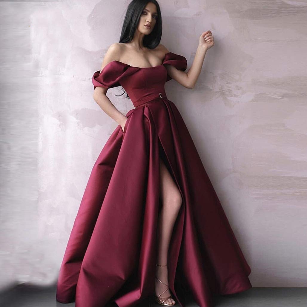 Elegant Off Shoulder Women's Prom Dress with High Slit & Pockets - Perfect for Evening Parties, Formal Events & Special Occasions