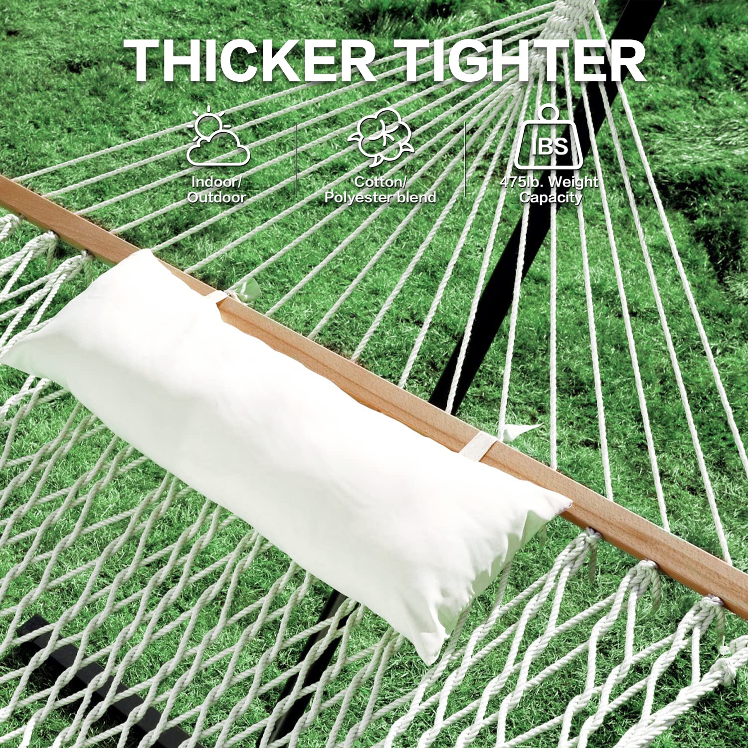 **PNAEUT Double Rope Hammock with Stand - 12ft Heavy Duty Hammock for 2 Persons, Traditional Cotton Rope Design with Pillow - Outdoor, Patio, Backyard, Porch Use - Max Weight Capacity 475lbs (Burlywood)**