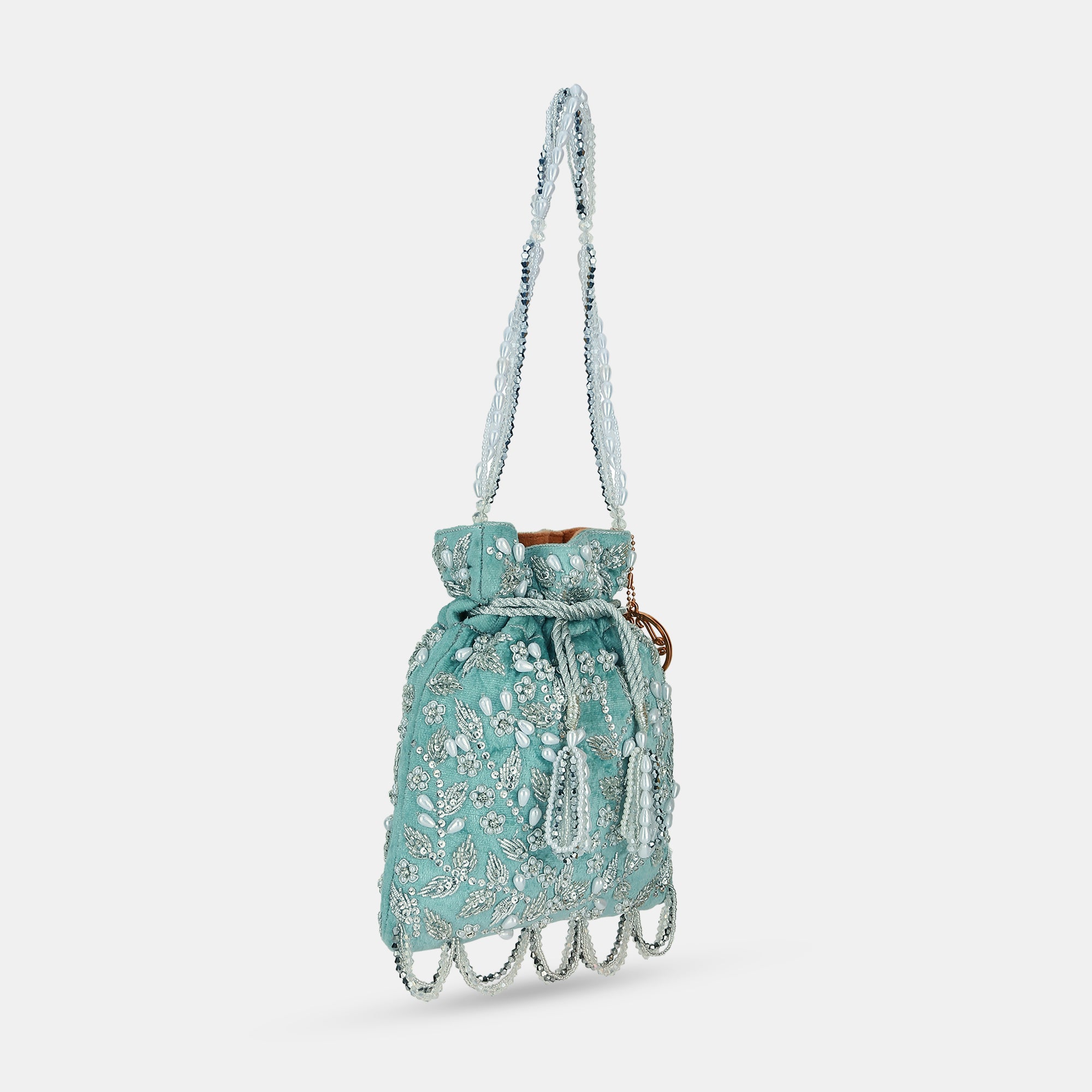 Lavie Luxe Silver Beaded Medium Potli Bag for Women - Elegant Rose Design, Perfect for Weddings, Parties & Festive Occasions