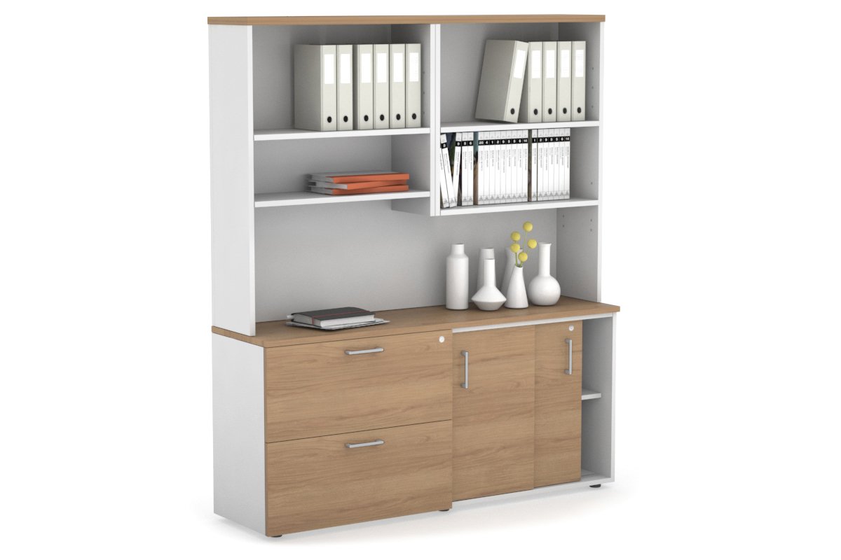 2-Door Sliding Credenza with 2 Drawers & Open Hutch - Modern Office Storage Cabinet for Files, Supplies & Decor - Perfect for Home Office, Conference Rooms & Workspaces