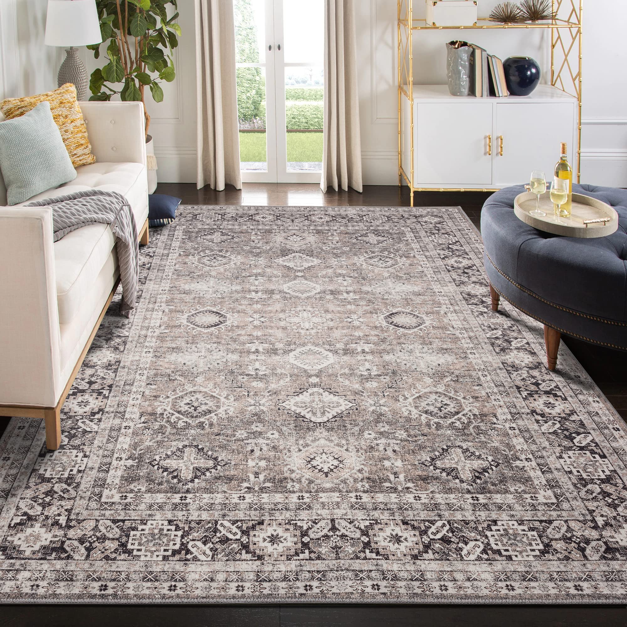 Art&Tuft 5x7 Washable Area Rug - Stain Resistant, Pet-Friendly Boho Persian Rug with Tribal Print for Living Room, Bedroom, or Dorm (Grey, 5'x7'6) - Perfect for Cozy Home Decor & High Traffic Areas