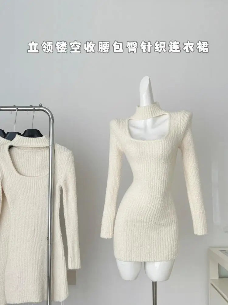 Women's Black Hollowed Out Knit Mini Dress - Autumn Korean Style High Collar Slim Wrap Dress for Party, Date Night & Office Wear