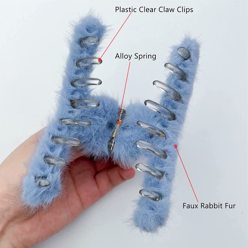 BELICIA Furry Hair Claw Clips for Thick Hair - 2PCS Cute Faux Rabbit Fur Non-Slip Large Barrettes for Women & Girls - Perfect for Ponytails, Buns & Everyday Hairstyles