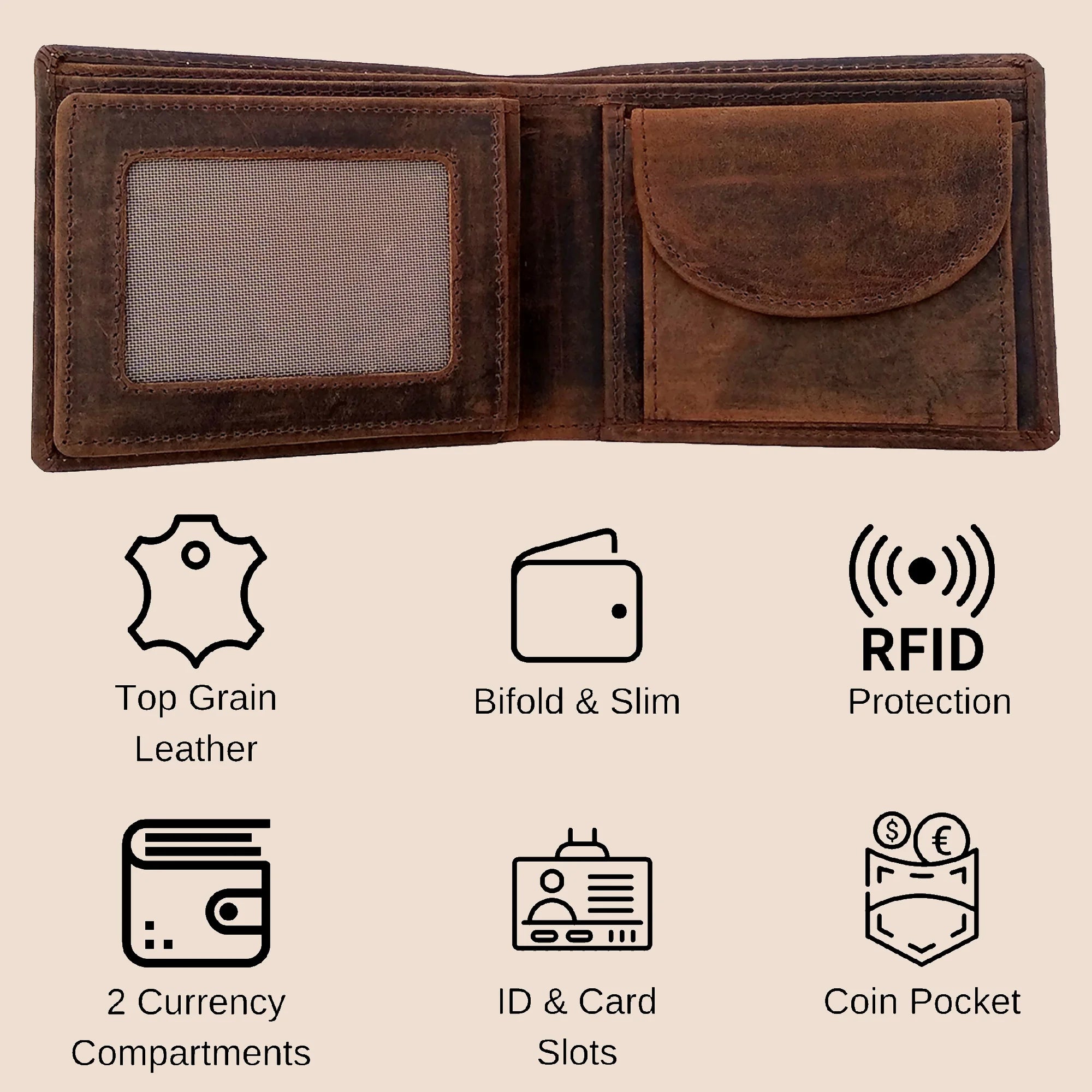 Premium Genuine Leather Bifold Wallet for Men - RFID Blocking Protection with Multiple Credit Card Slots & Coin Pocket - Classic Brown Wallet for Everyday Use, Business, Travel & Gifts