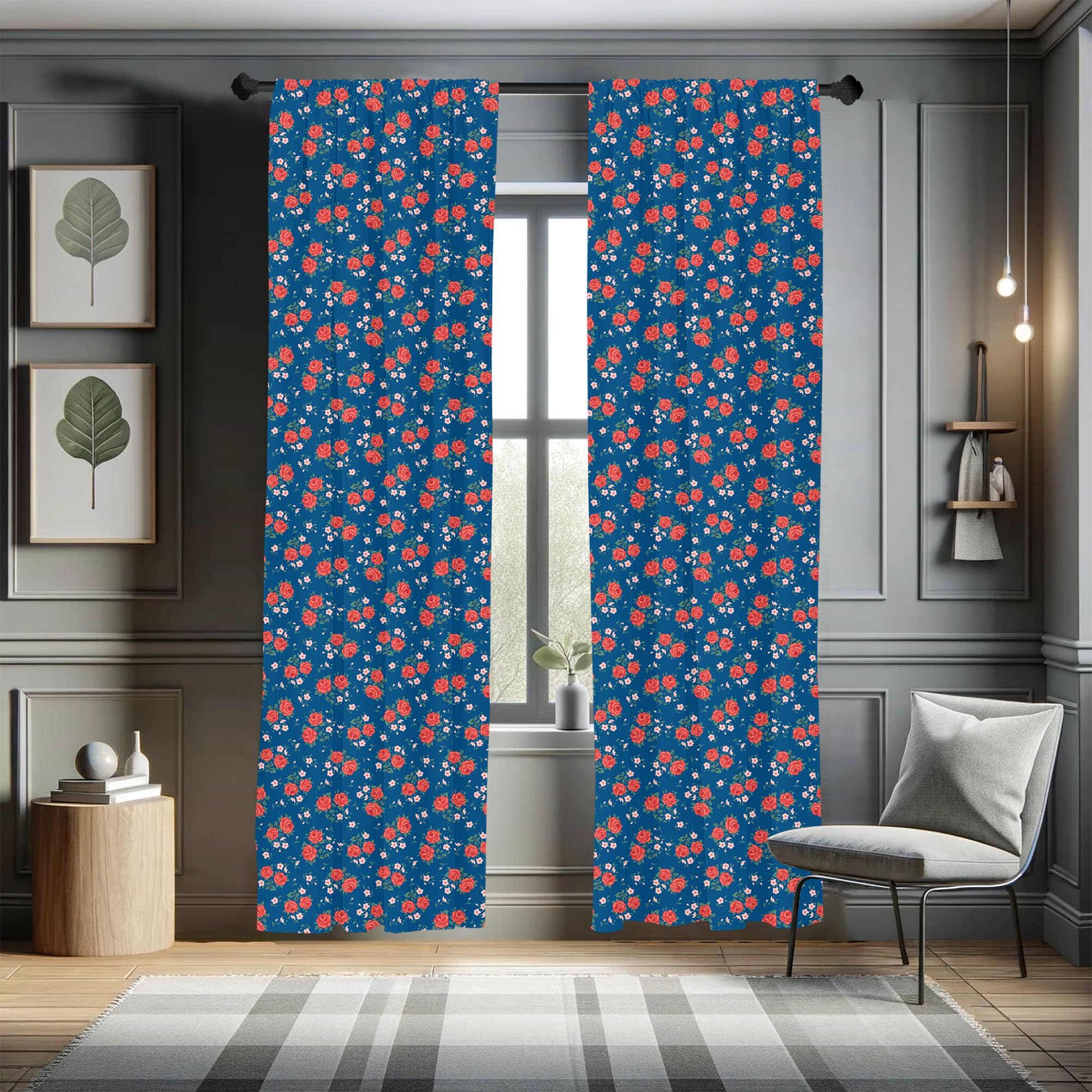 Shabby Chic Floral Window Curtains - Blue Country Style Floral Design with Fresh Picked Flowers, Lightweight 2-Panel Set (28x95 Inch) for Living Room & Bedroom - Rod Pocket Jade Green Home Decor